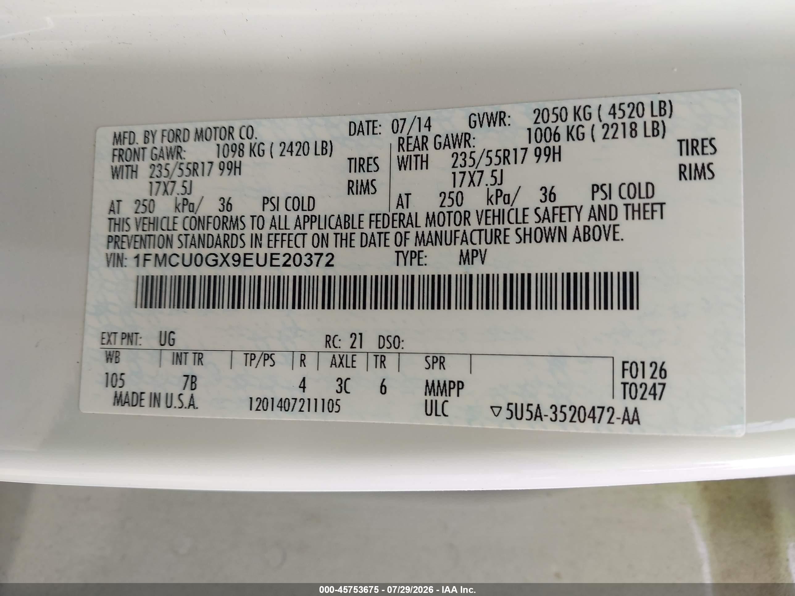 2014 Ford Escape Se White vin: 1FMCU0GX9EUE20372
