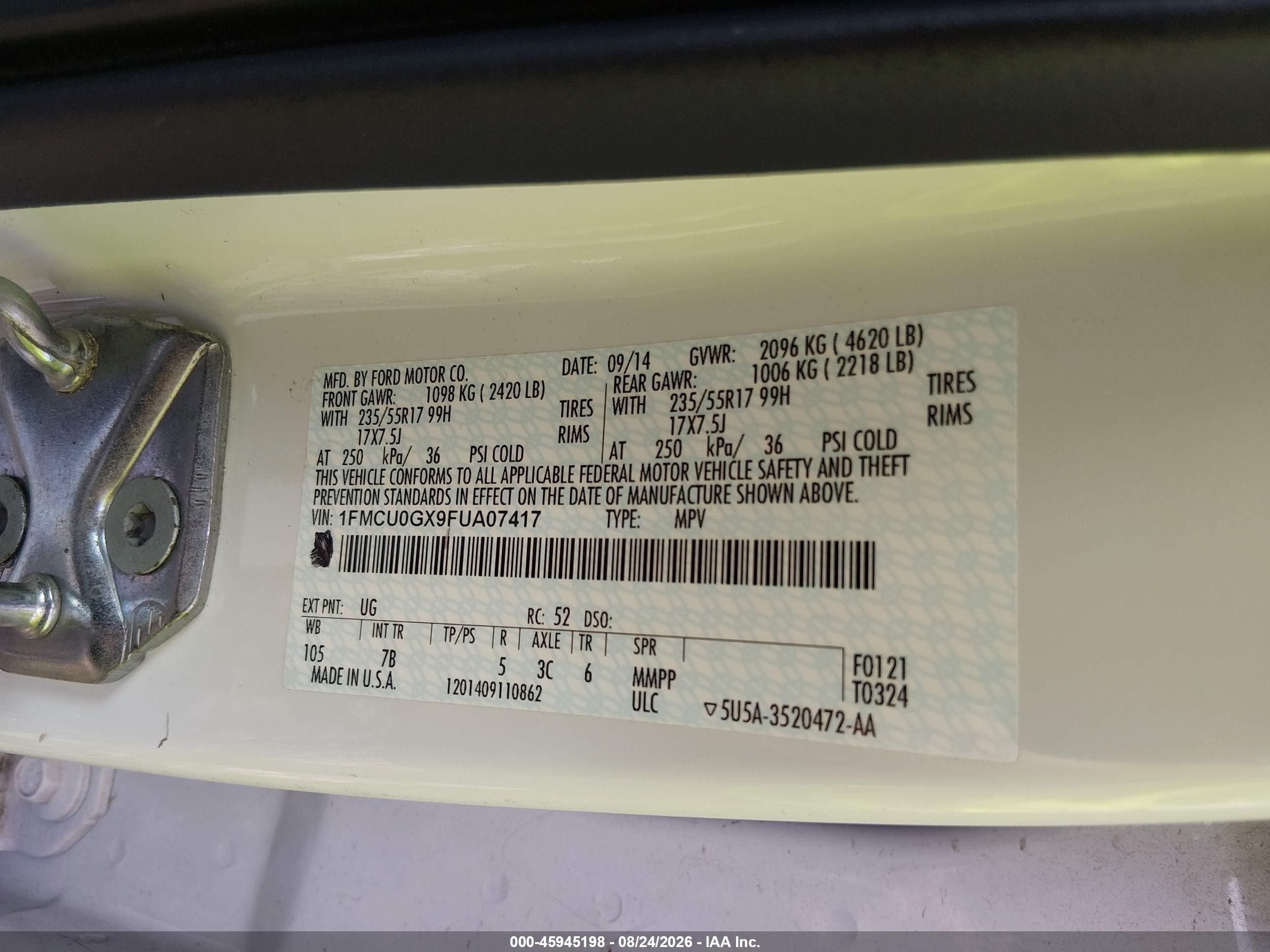 2015 Ford Escape Se White vin: 1FMCU0GX9FUA07417