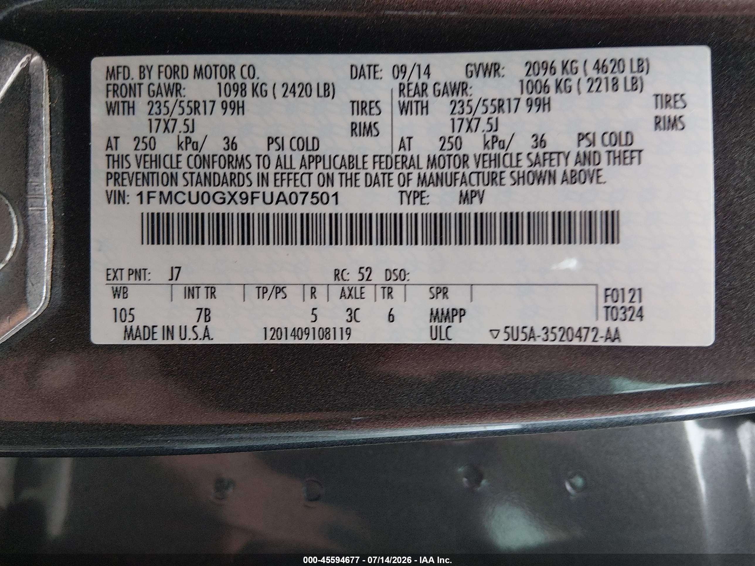 2015 Ford Escape Se Gray vin: 1FMCU0GX9FUA07501