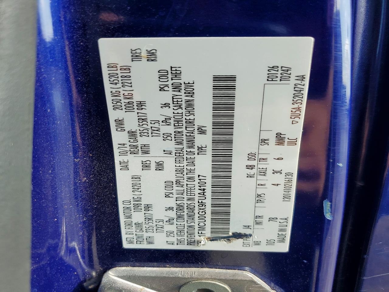 2015 Ford Escape Se Blue vin: 1FMCU0GX9FUA41017