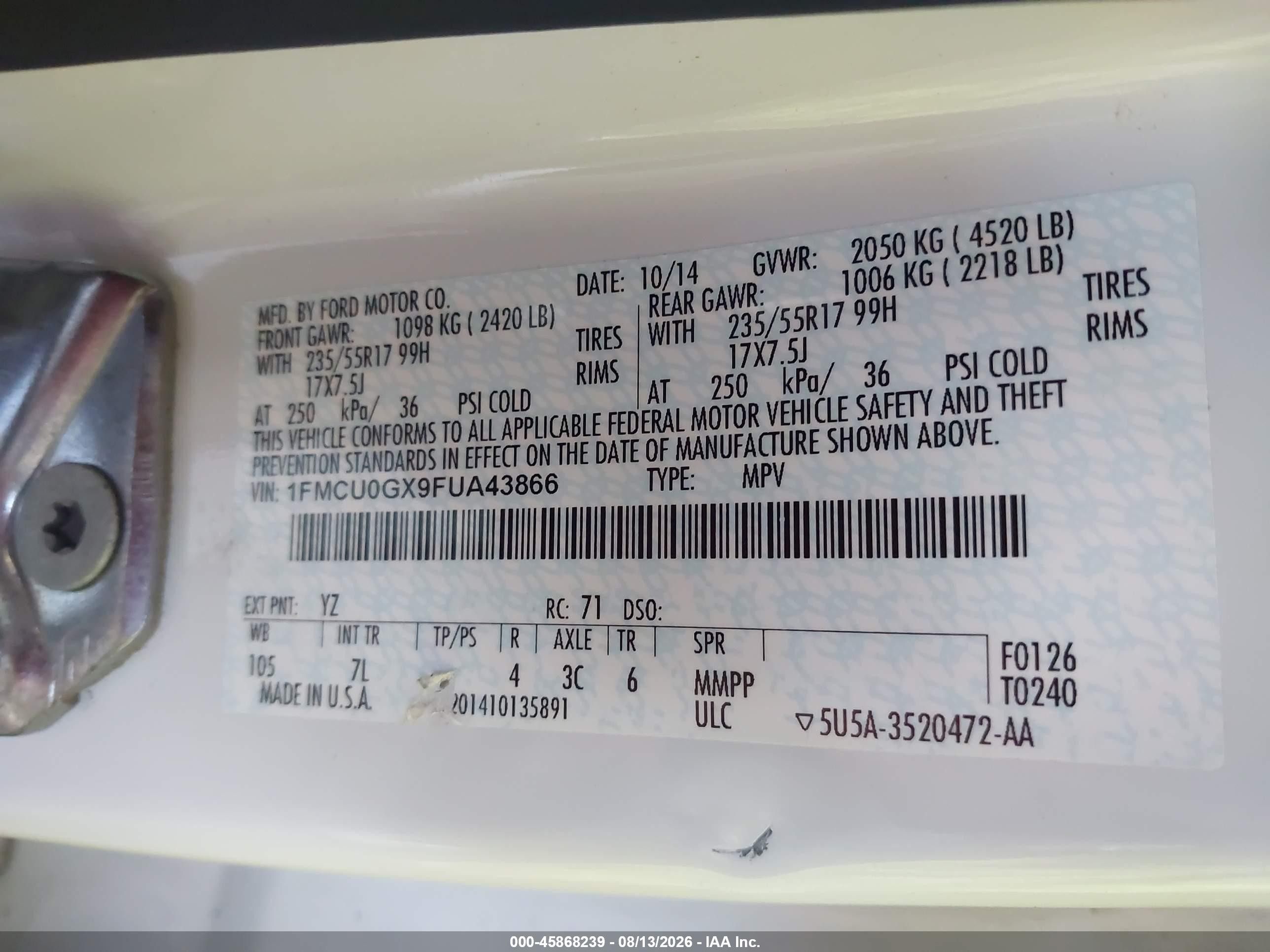 2015 Ford Escape Se White vin: 1FMCU0GX9FUA43866
