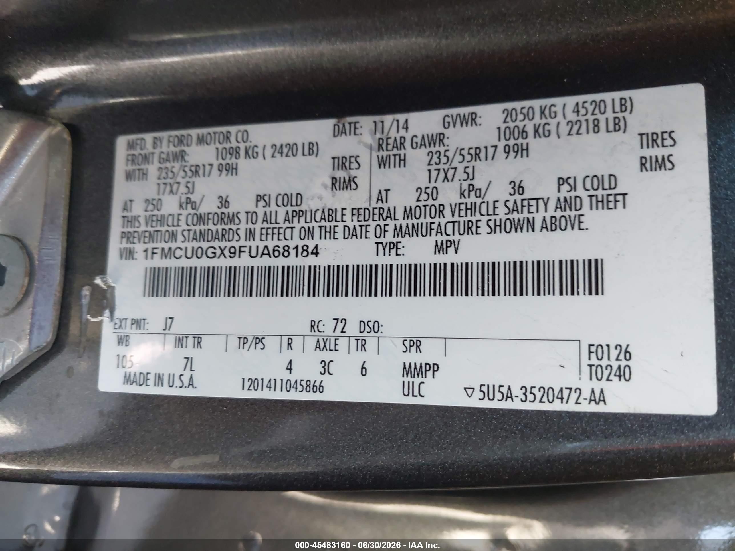 2015 Ford Escape Se Gray vin: 1FMCU0GX9FUA68184