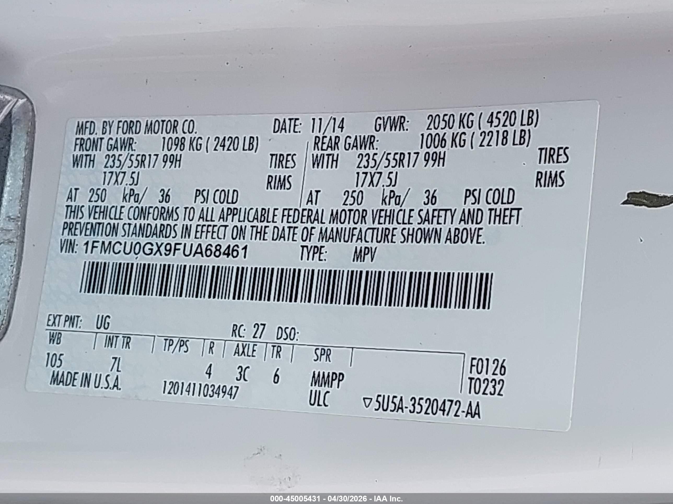 2015 Ford Escape Se White vin: 1FMCU0GX9FUA68461