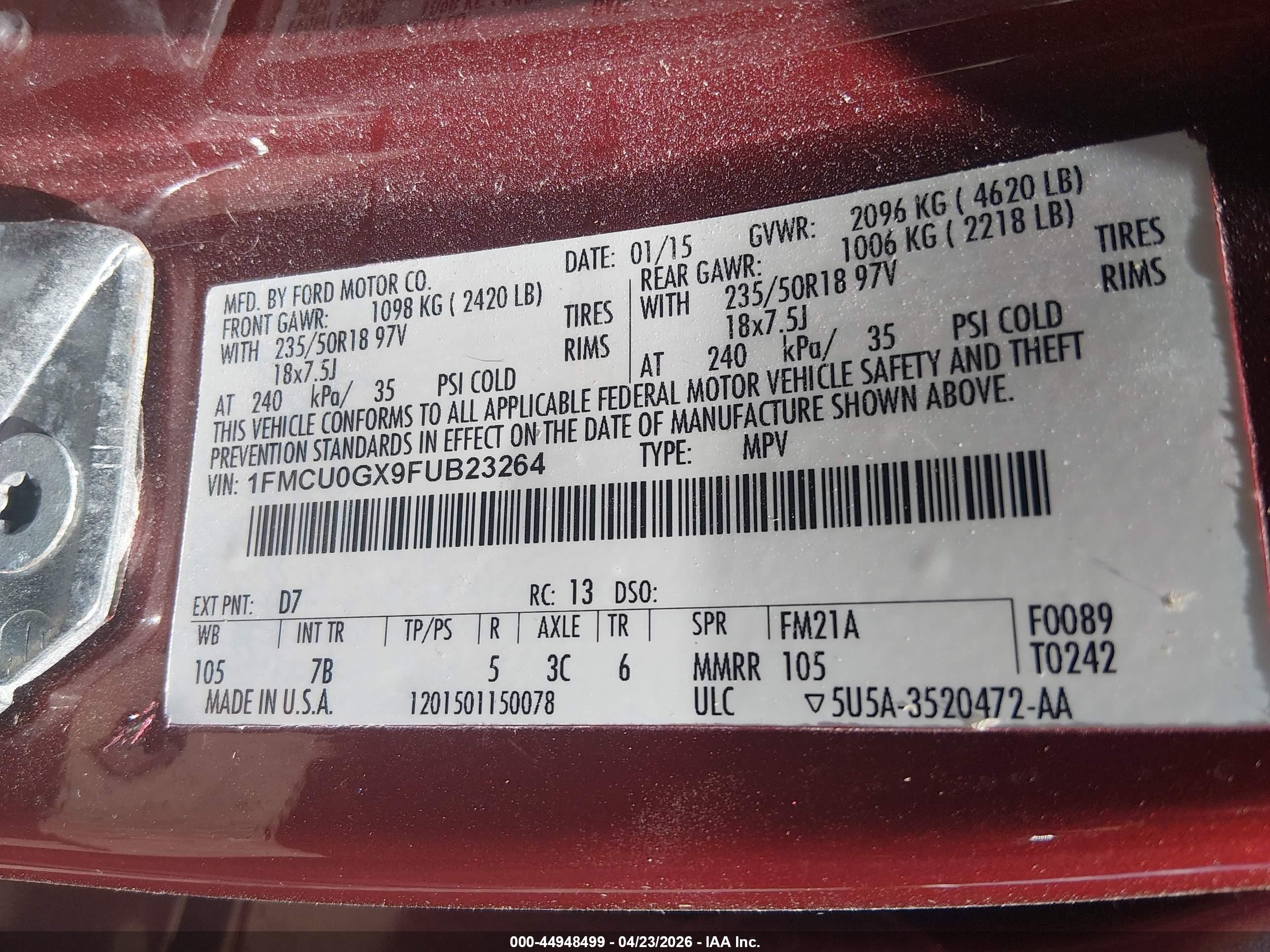 2015 Ford Escape Se Red vin: 1FMCU0GX9FUB23264