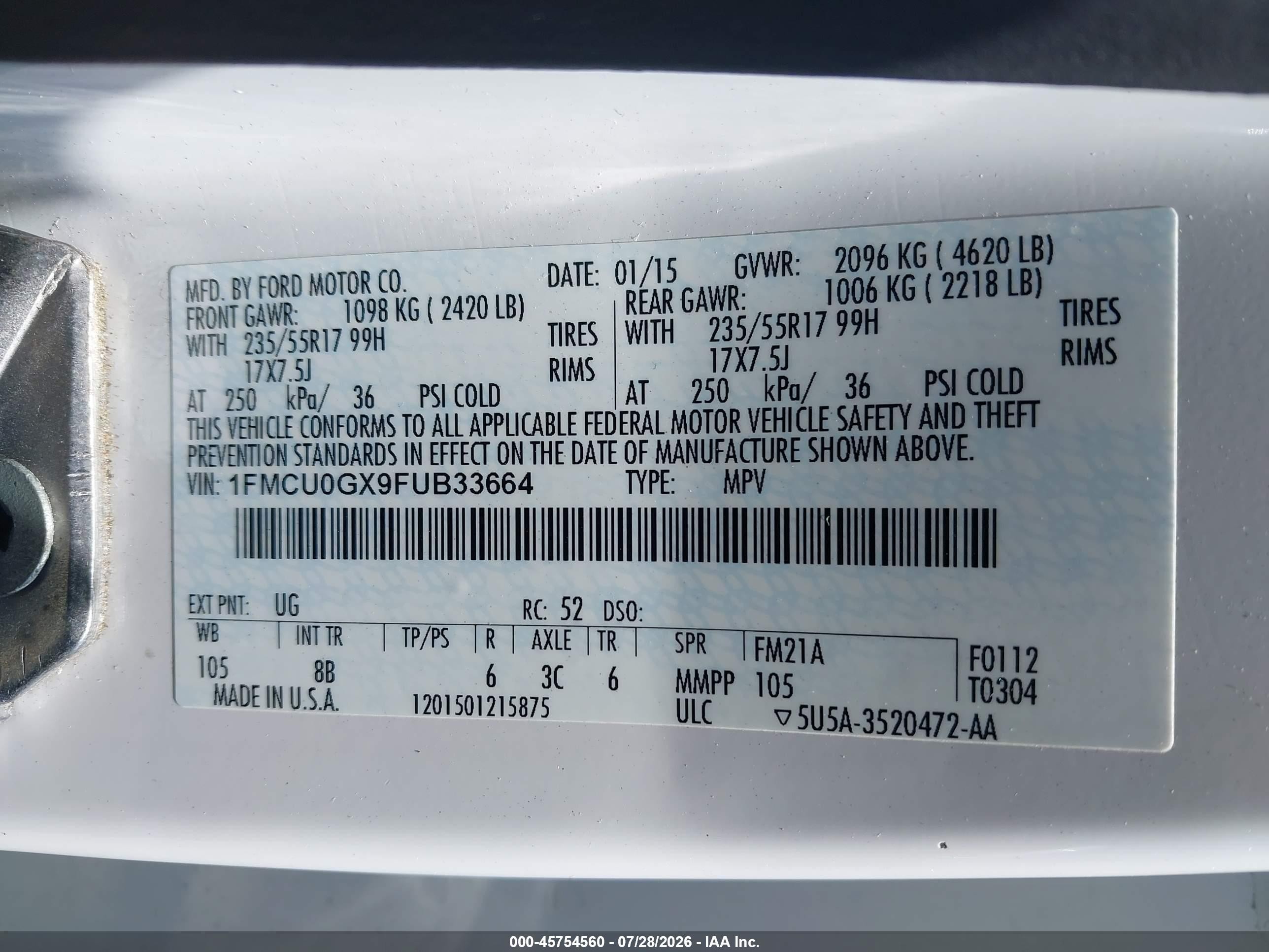 2015 Ford Escape Se White vin: 1FMCU0GX9FUB33664