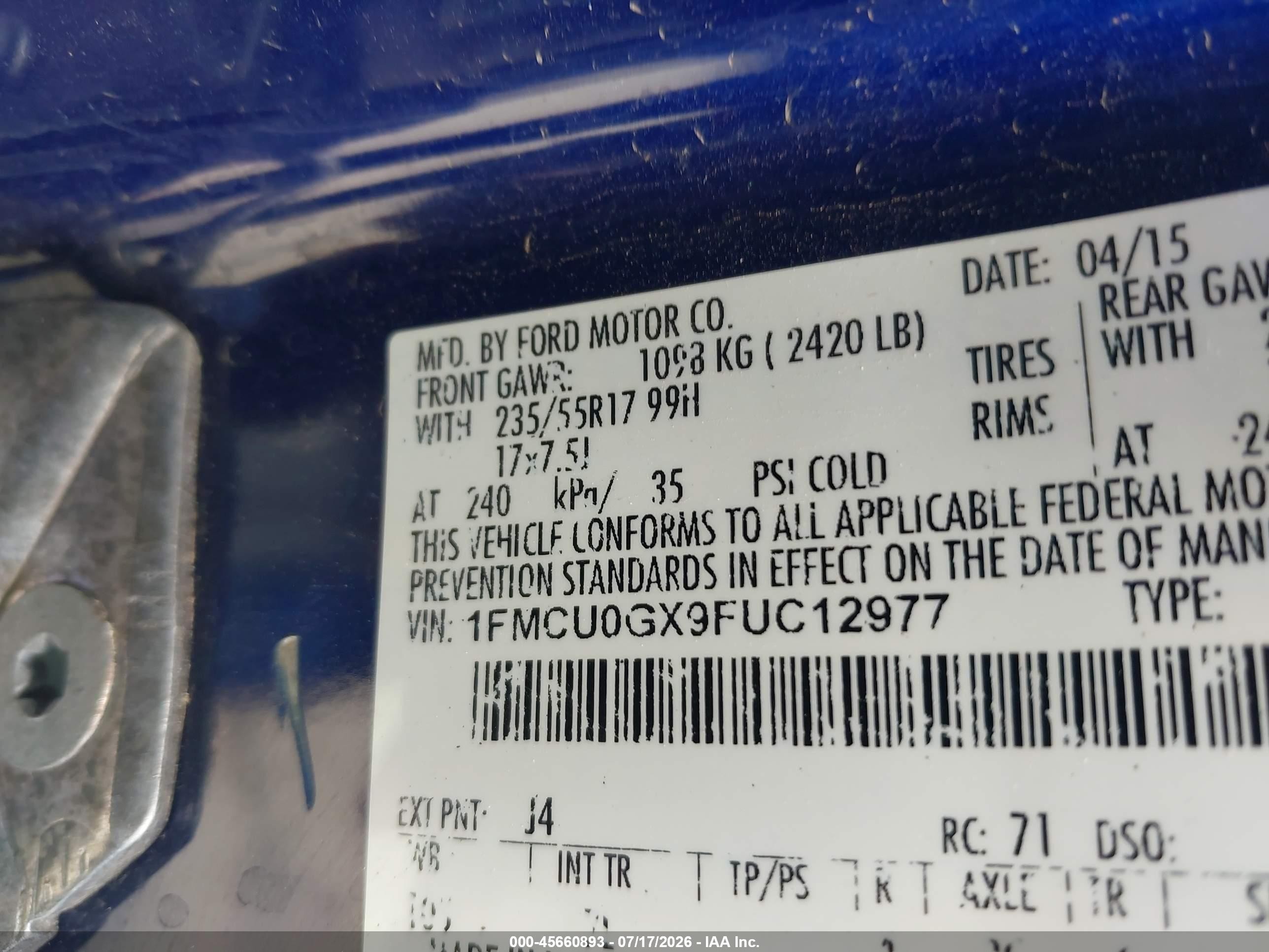 2015 Ford Escape Se Blue vin: 1FMCU0GX9FUC12977