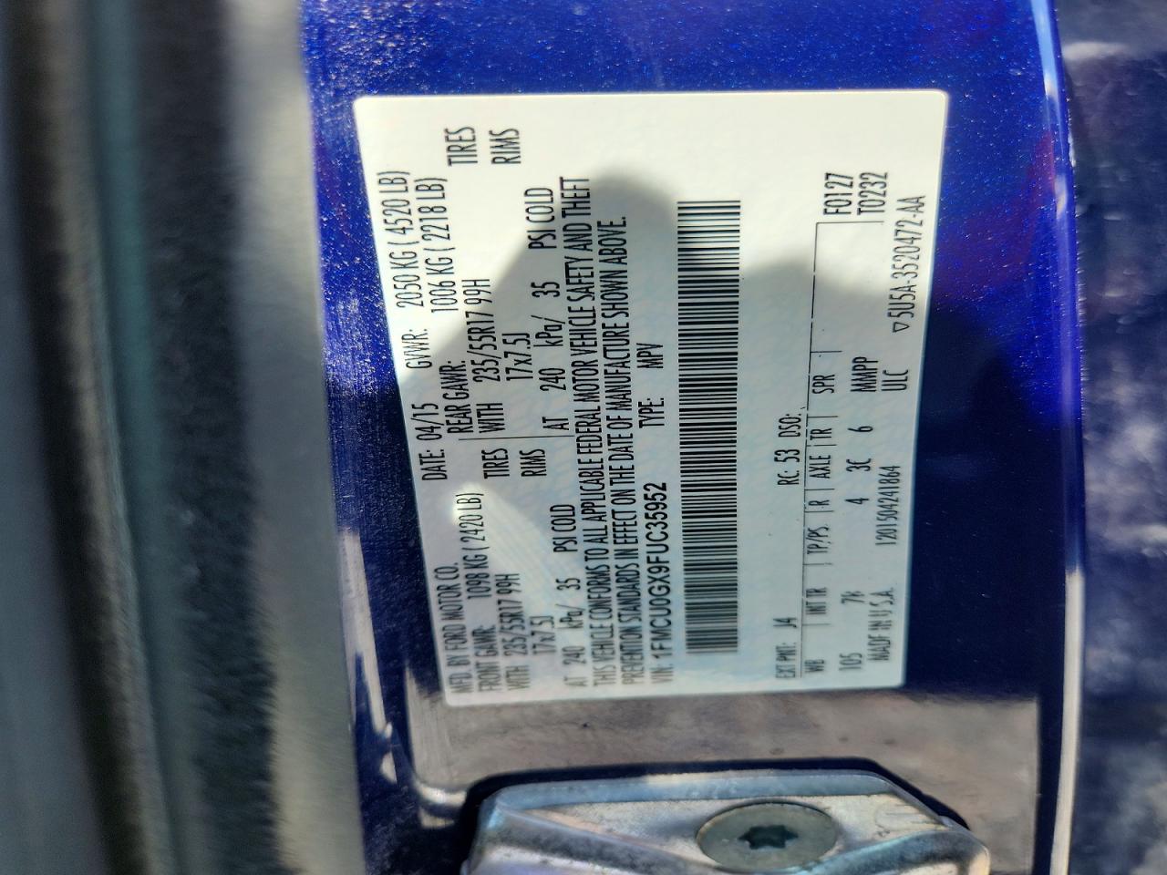 2015 Ford Escape Se Blue vin: 1FMCU0GX9FUC35952