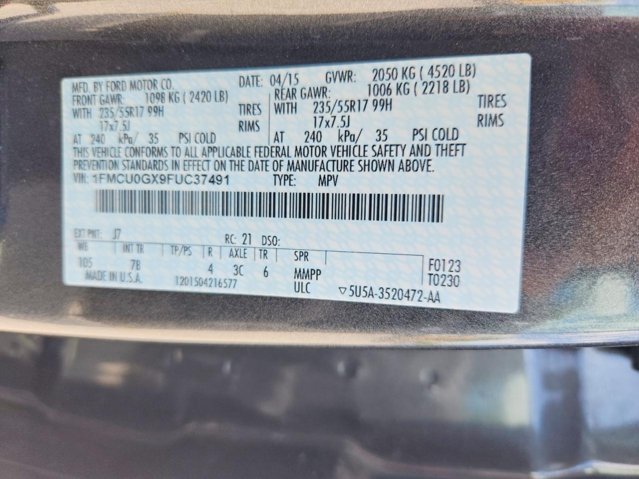 2015 Ford Escape Se Gray vin: 1FMCU0GX9FUC37491