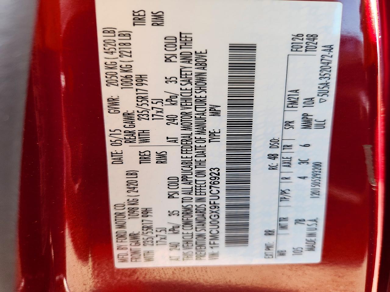 2015 Ford Escape Se Red vin: 1FMCU0GX9FUC76923