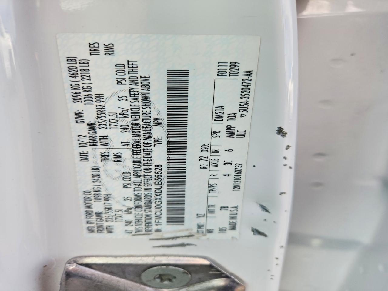 2013 Ford Escape Se White vin: 1FMCU0GXXDUB56528