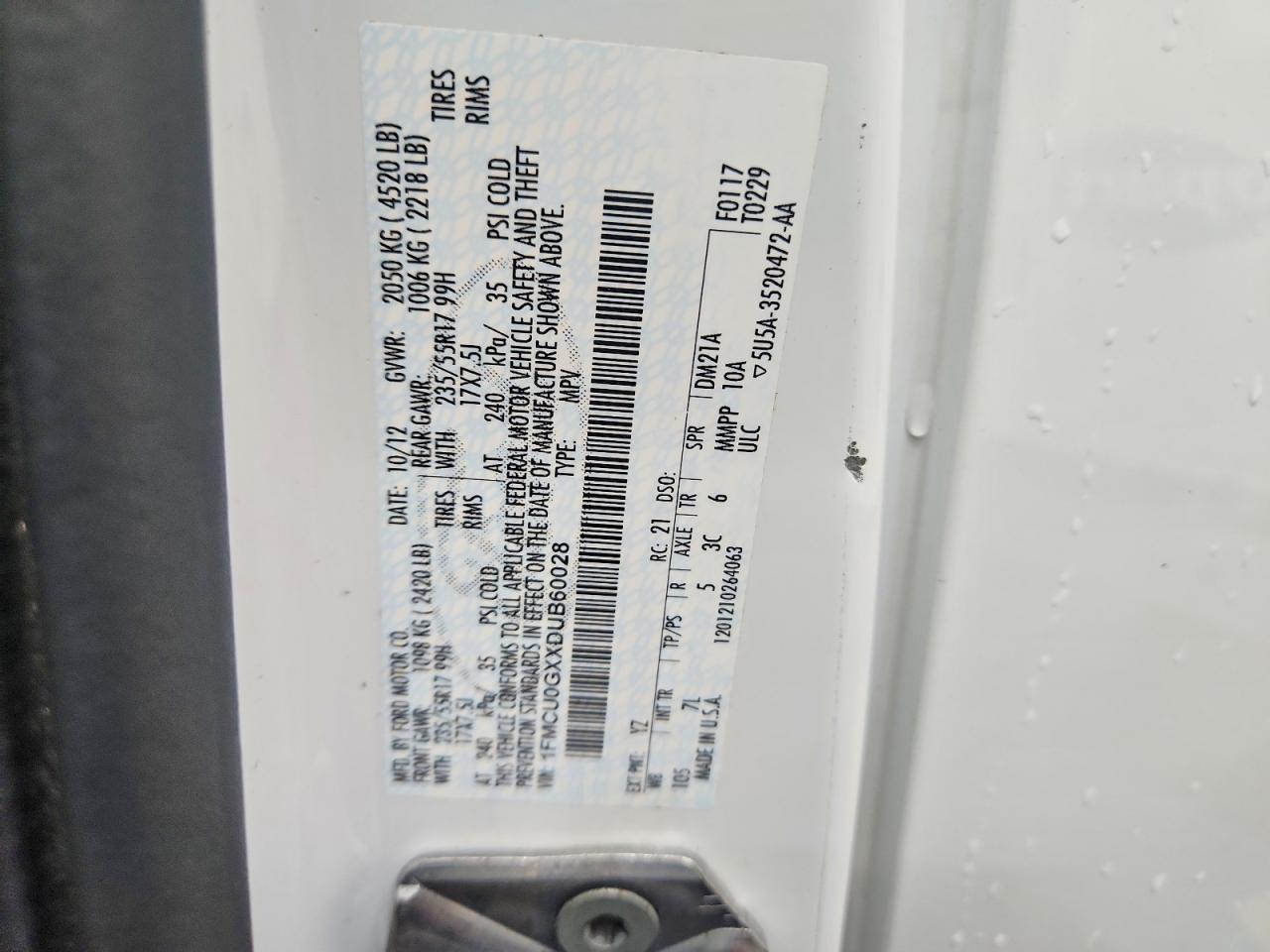 2013 Ford Escape Se White vin: 1FMCU0GXXDUB60028