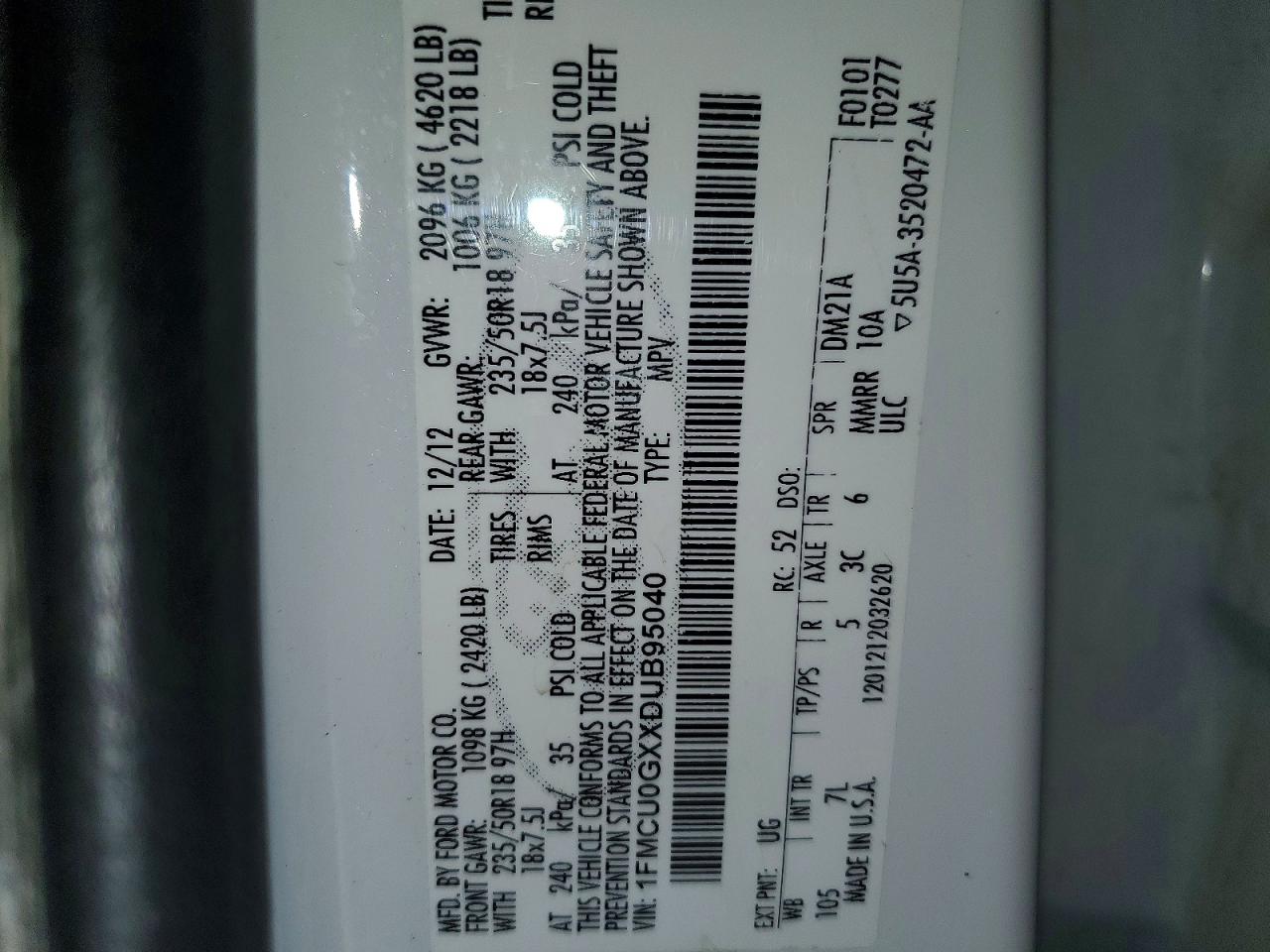 2013 Ford Escape Se White vin: 1FMCU0GXXDUB95040