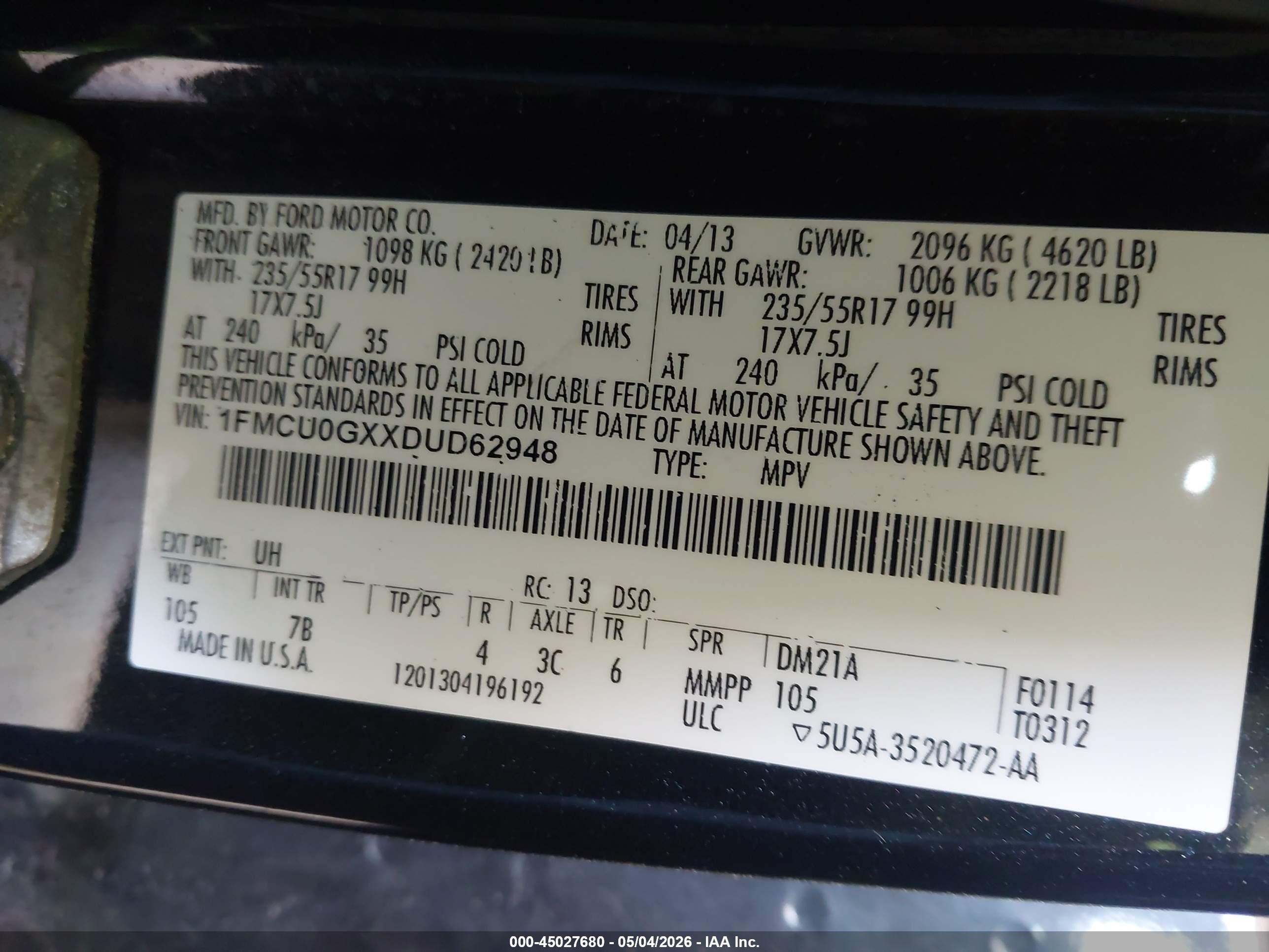 2013 Ford Escape Se Black vin: 1FMCU0GXXDUD62948