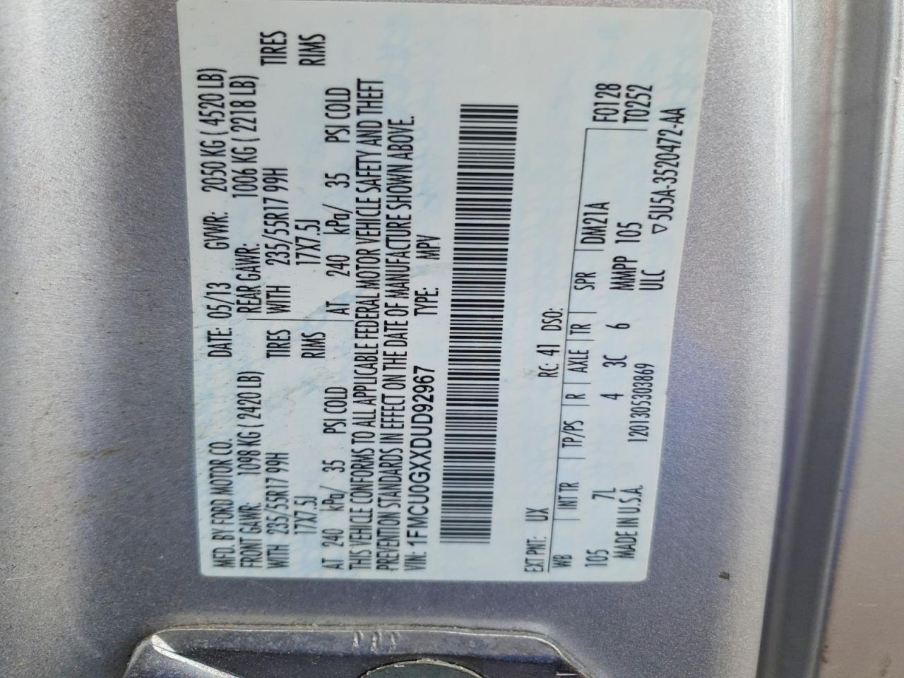 2013 Ford Escape Se Silver vin: 1FMCU0GXXDUD92967