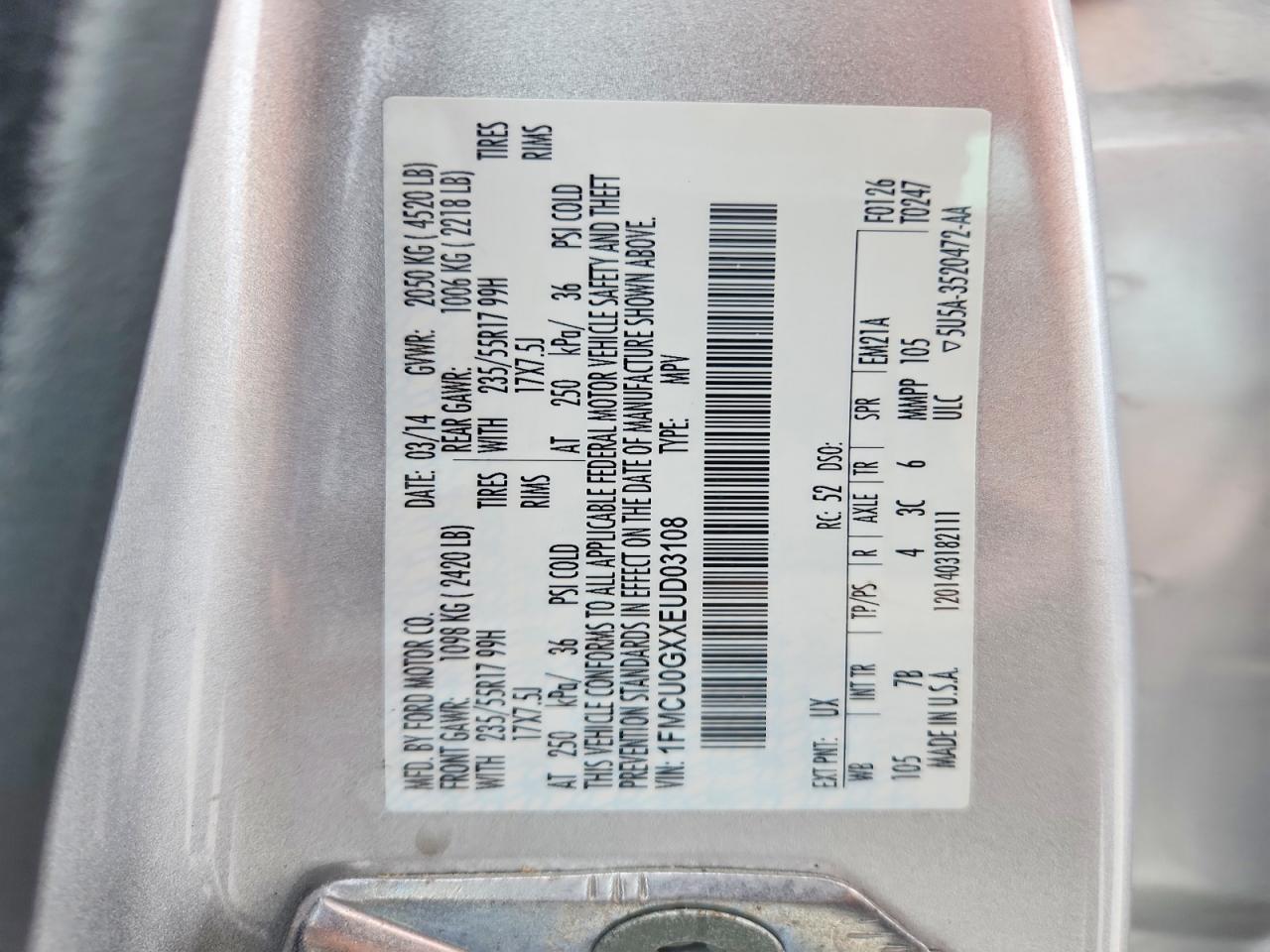 2014 Ford Escape Se Silver vin: 1FMCU0GXXEUD03108