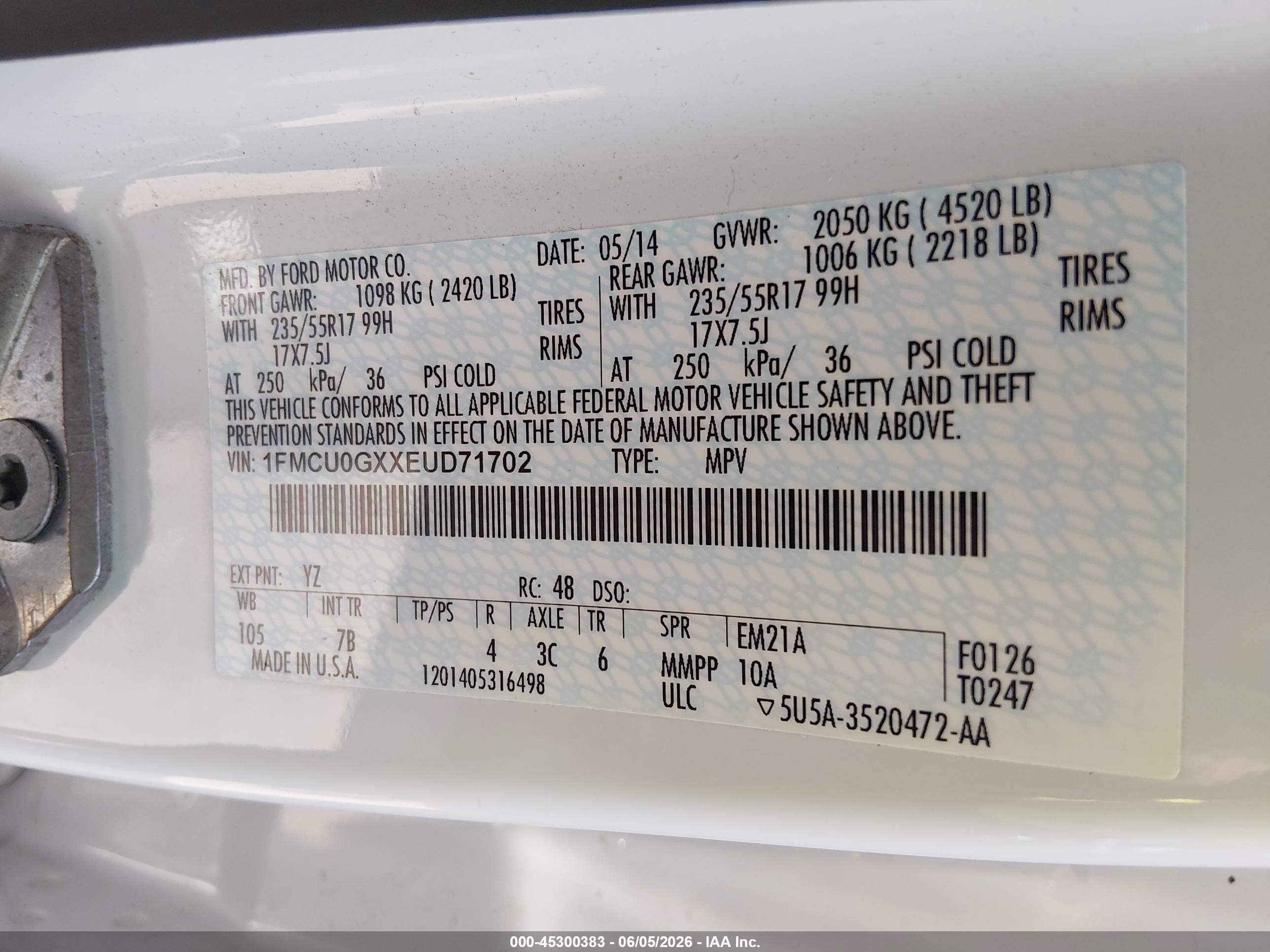 2014 Ford Escape Se White vin: 1FMCU0GXXEUD71702