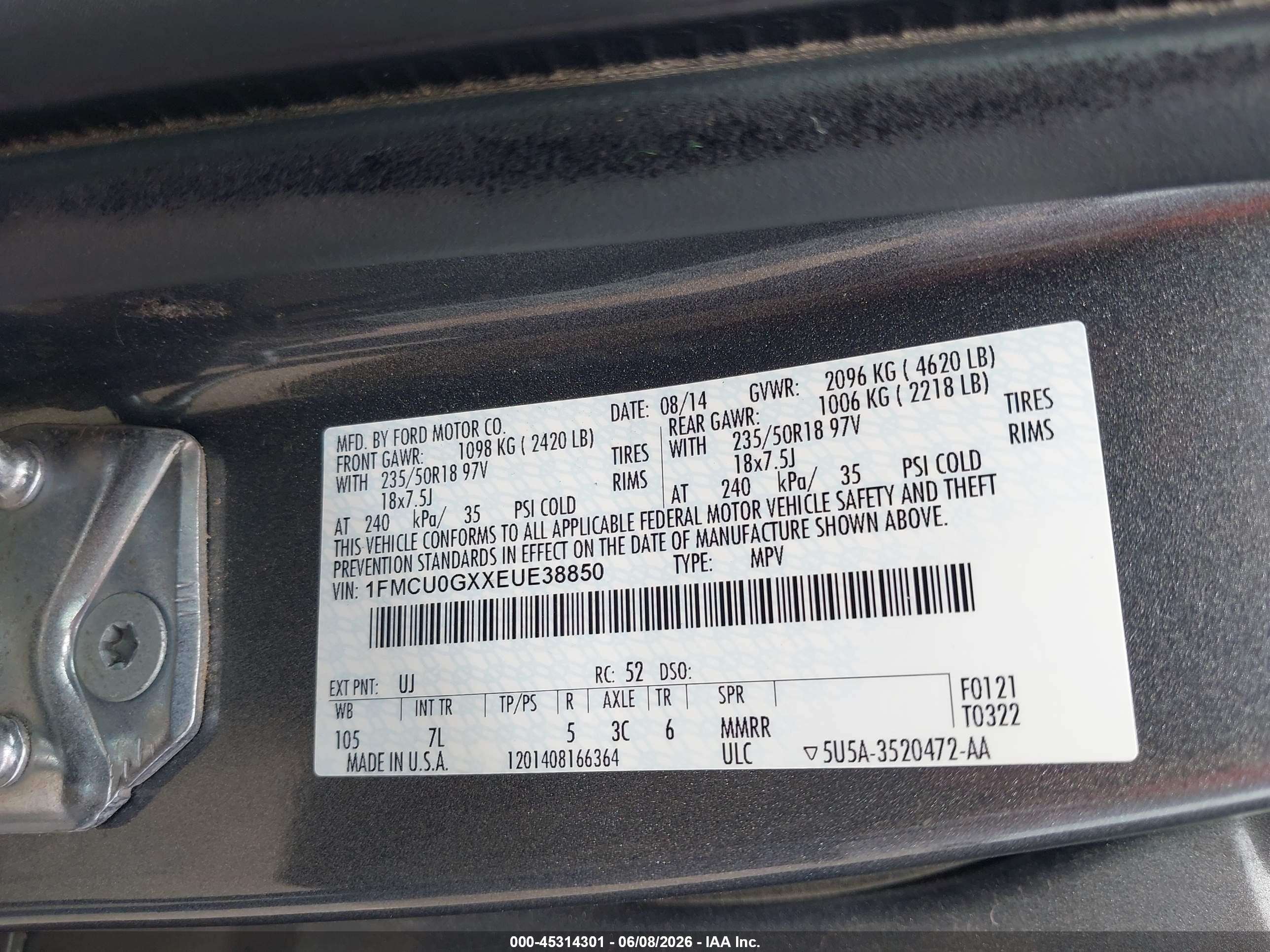 2014 Ford Escape Se Gray vin: 1FMCU0GXXEUE38850