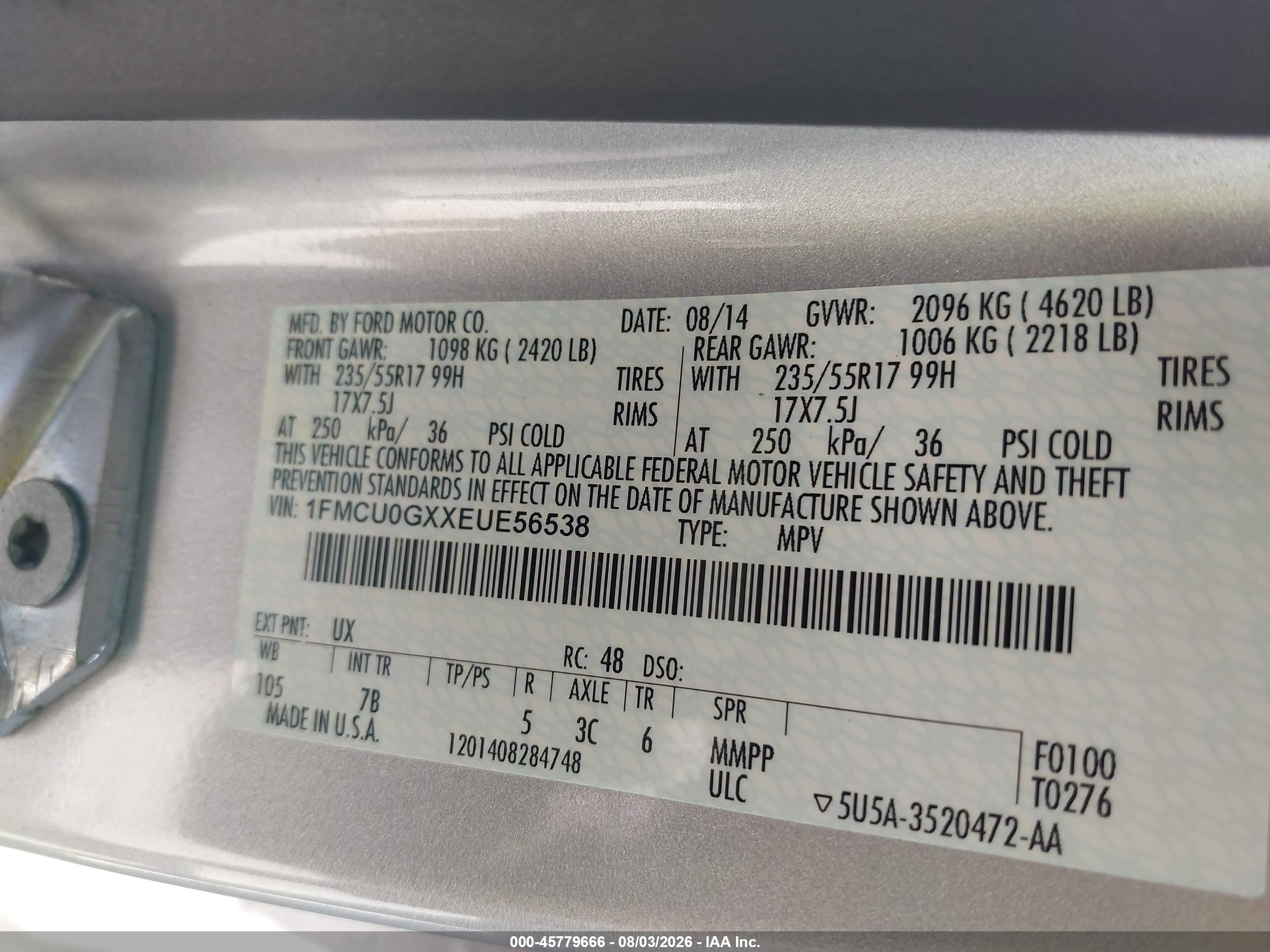 2014 Ford Escape Se Silver vin: 1FMCU0GXXEUE56538