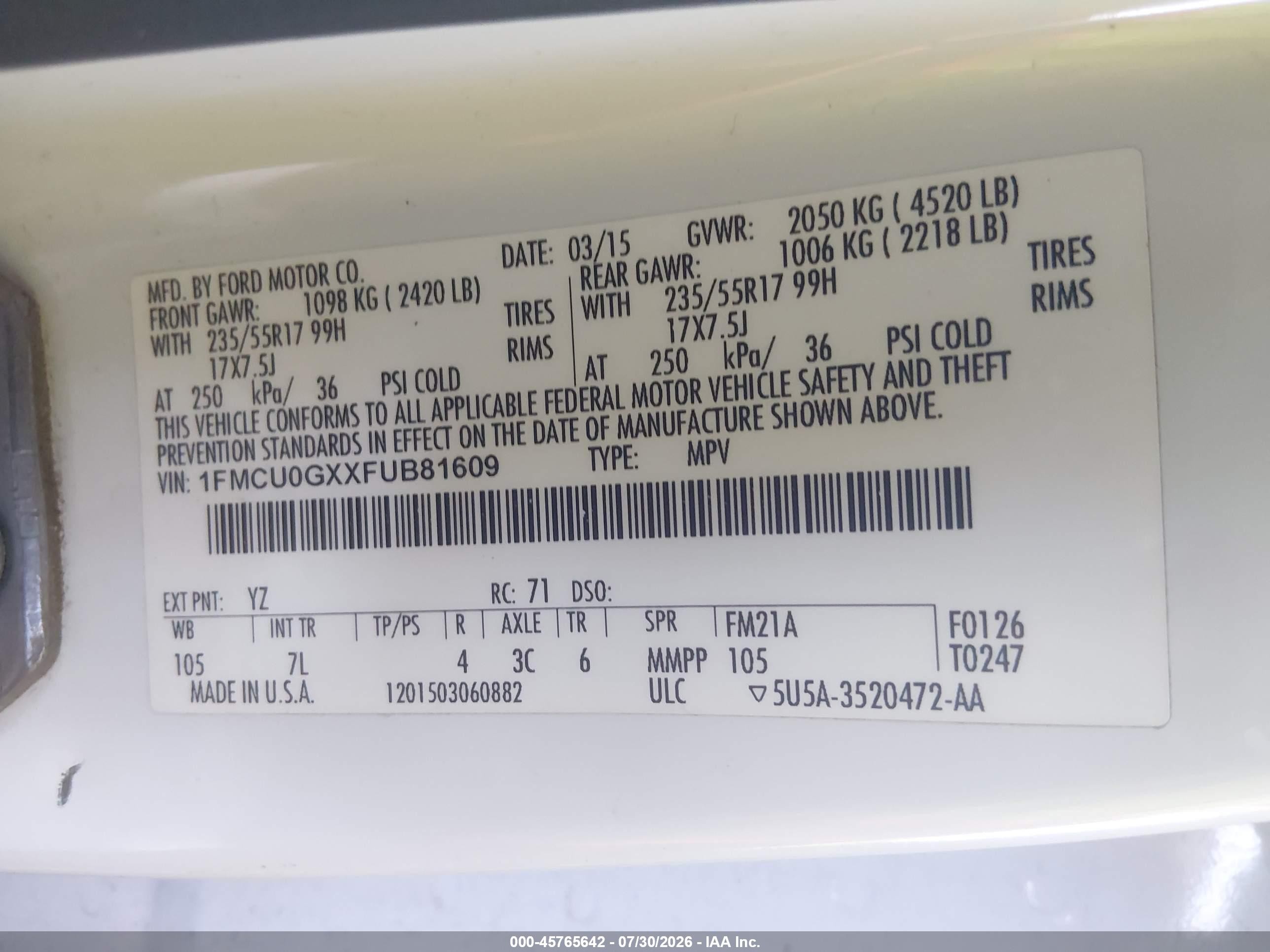 2015 Ford Escape Se White vin: 1FMCU0GXXFUB81609