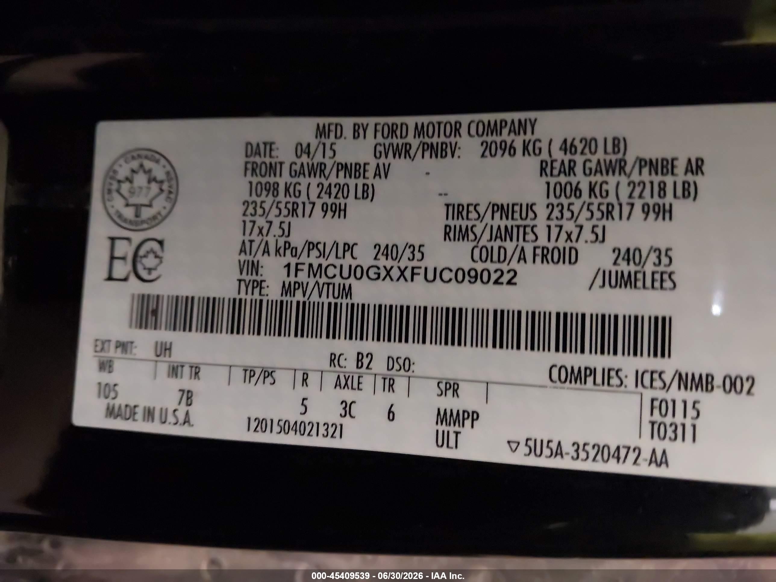 2015 Ford Escape Se Black vin: 1FMCU0GXXFUC09022