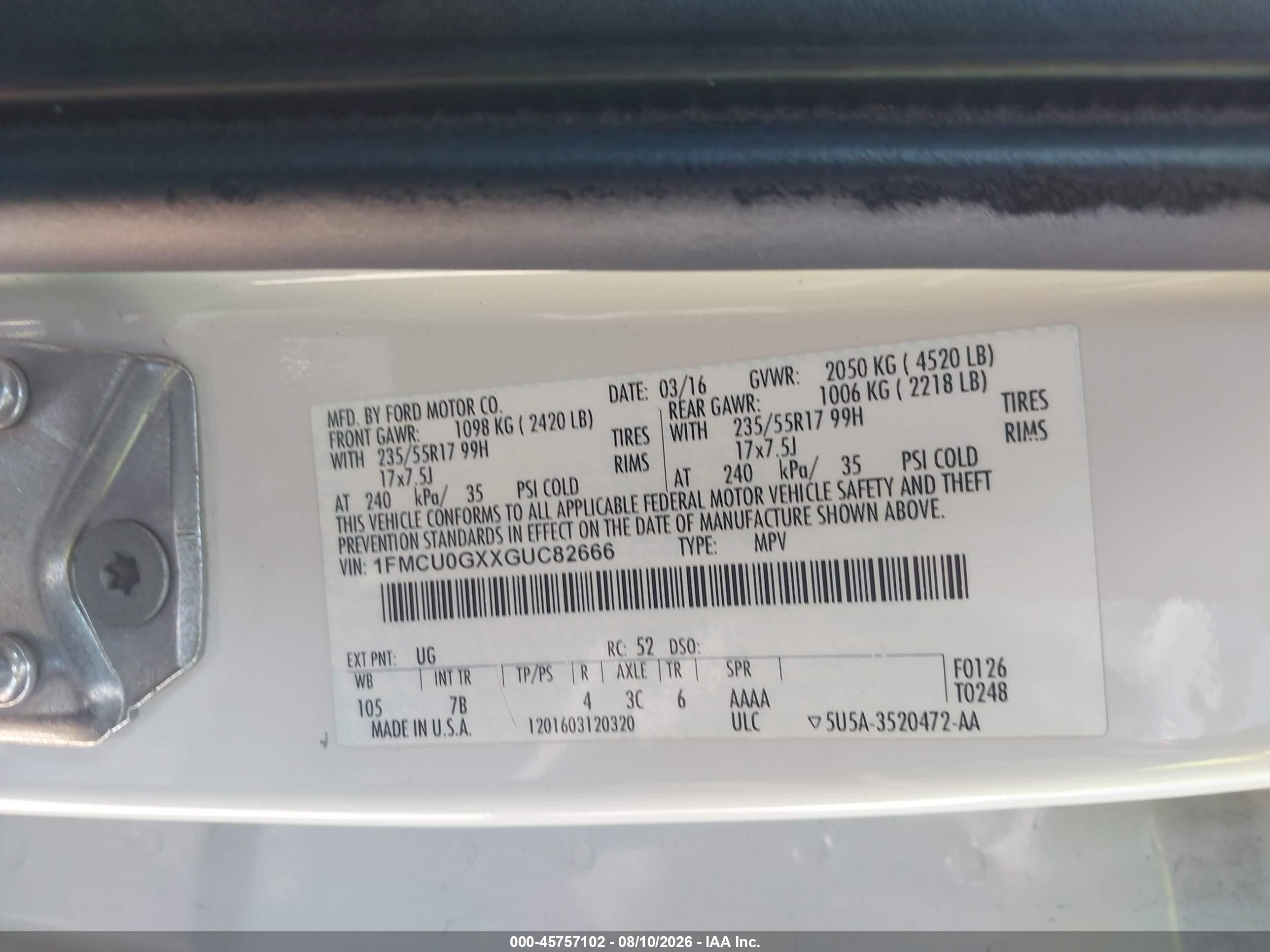 2016 Ford Escape Se White vin: 1FMCU0GXXGUC82666