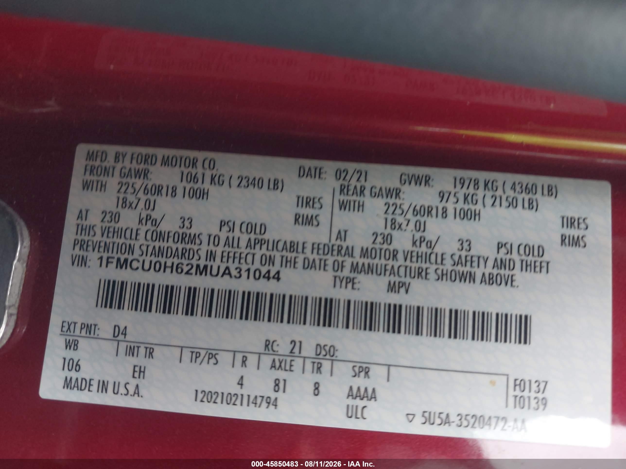 2021 Ford Escape Sel Red vin: 1FMCU0H62MUA31044