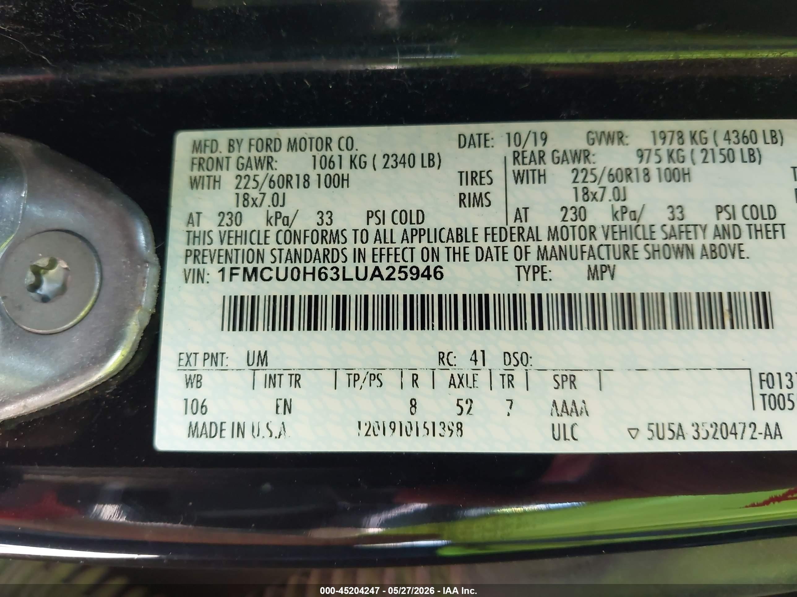 2020 Ford Escape Sel Black vin: 1FMCU0H63LUA25946