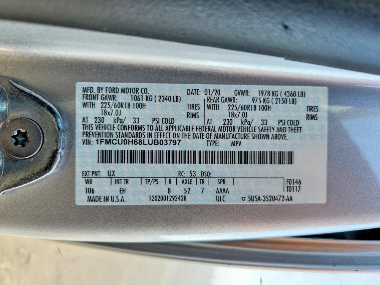 2020 Ford Escape Sel Silver vin: 1FMCU0H68LUB03797