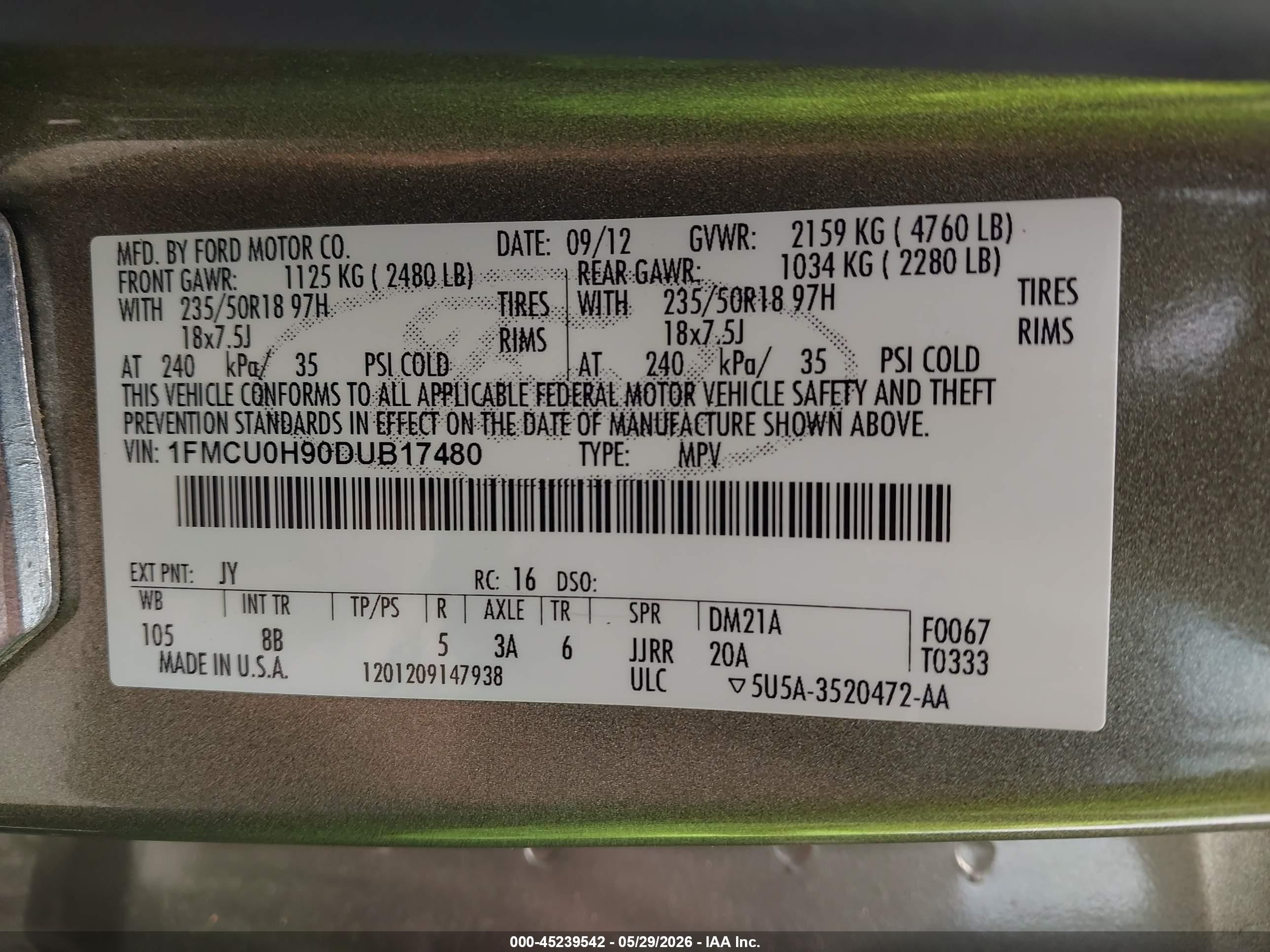 2013 Ford Escape Sel Green vin: 1FMCU0H90DUB17480