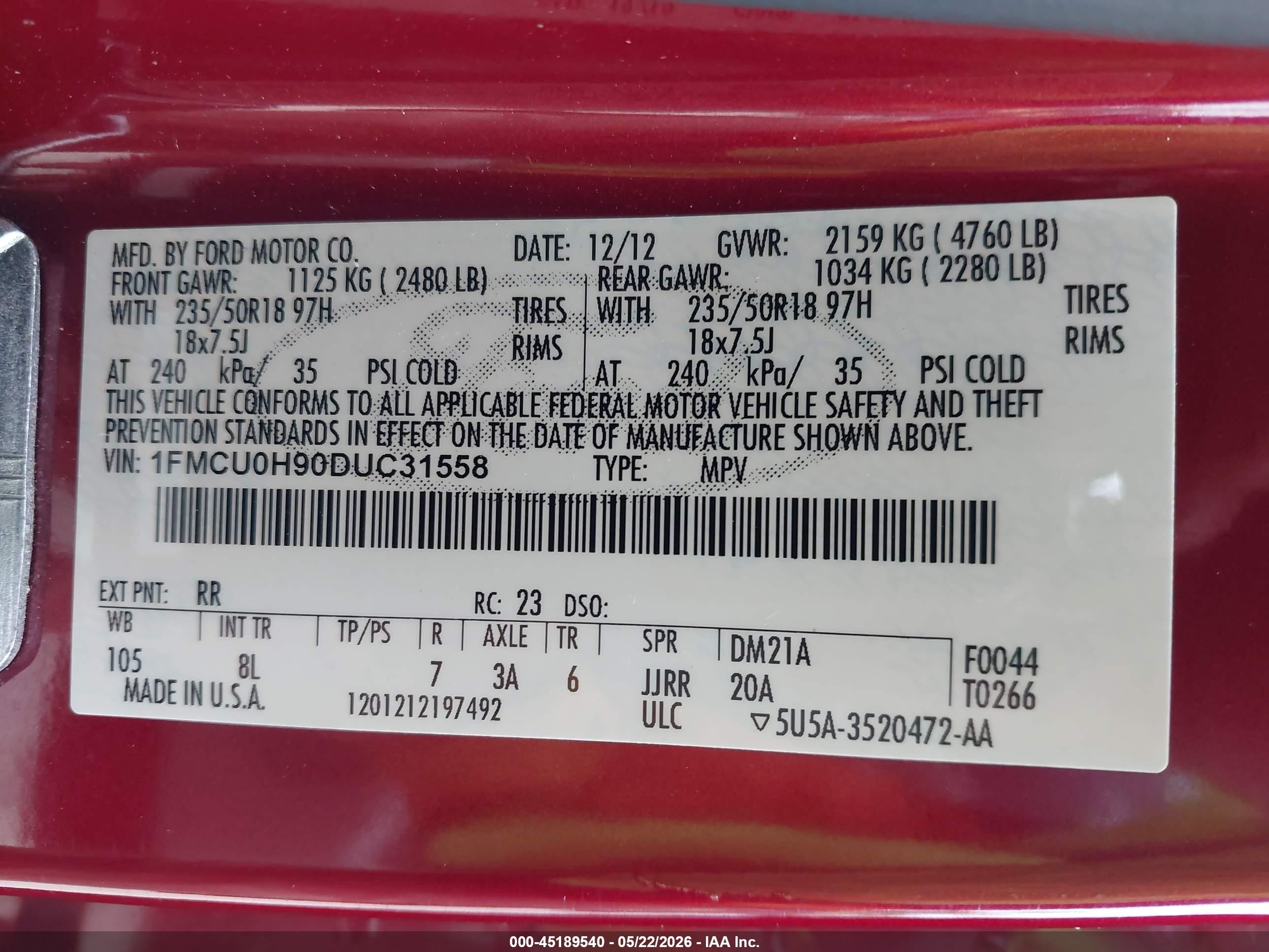 2013 Ford Escape Sel Red vin: 1FMCU0H90DUC31558