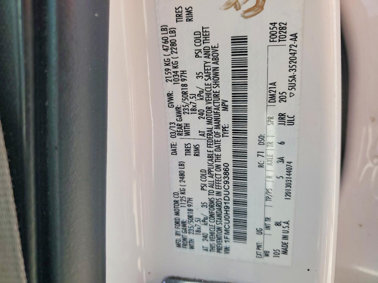 2013 Ford Escape Sel White vin: 1FMCU0H91DUC93860