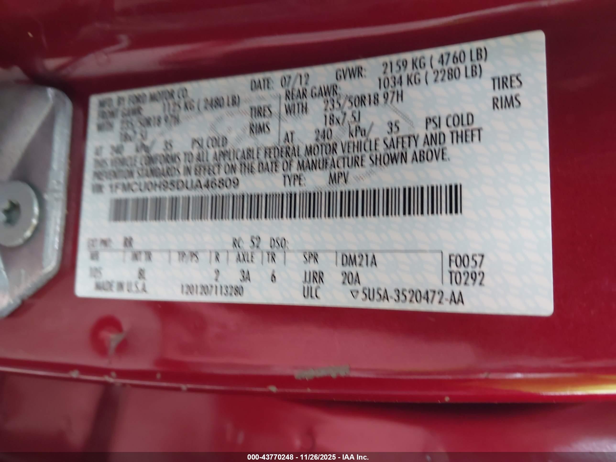 2013 Ford Escape Sel Red vin: 1FMCU0H95DUA46809