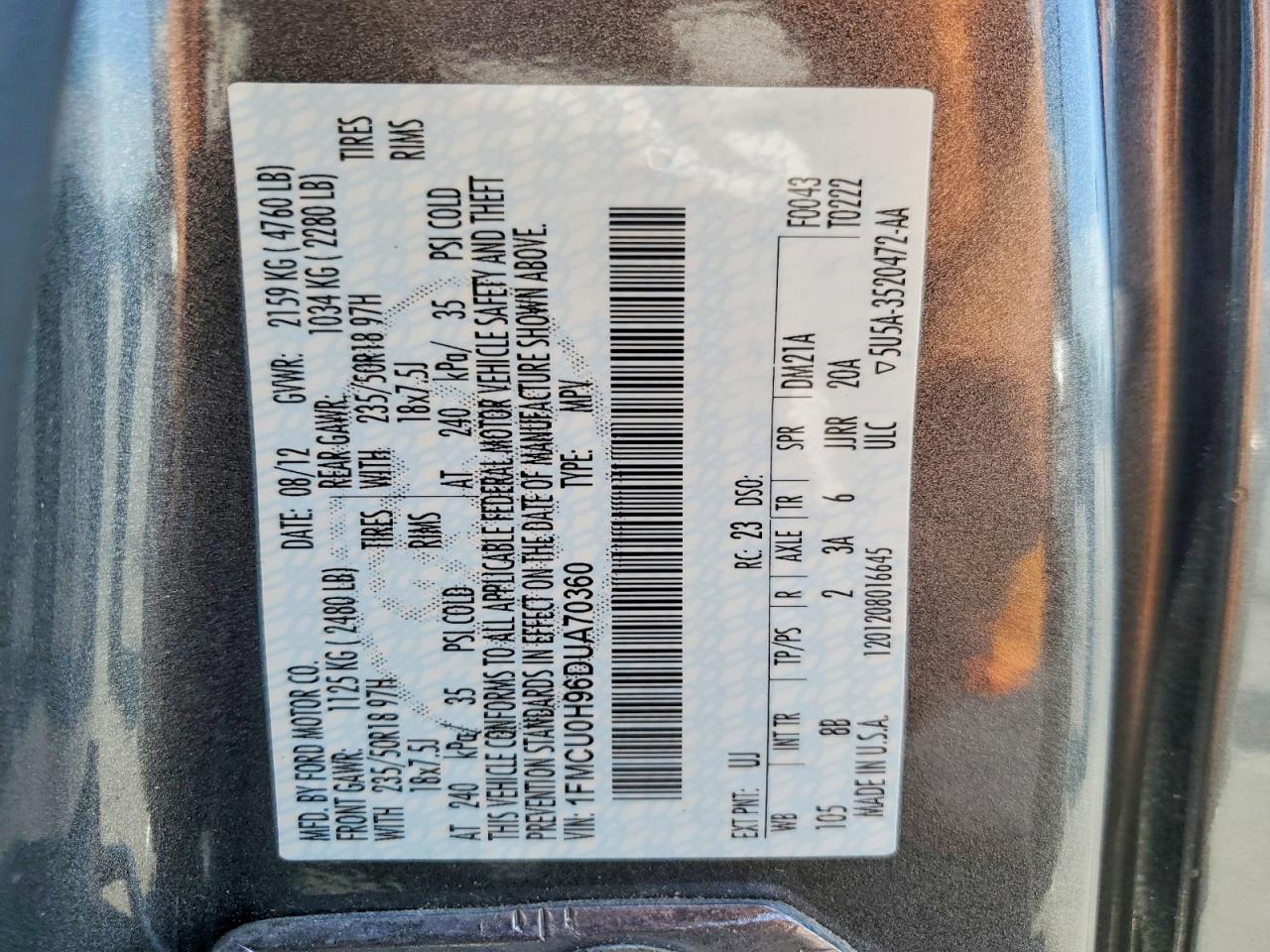 2013 Ford Escape Sel Gray vin: 1FMCU0H96DUA70360