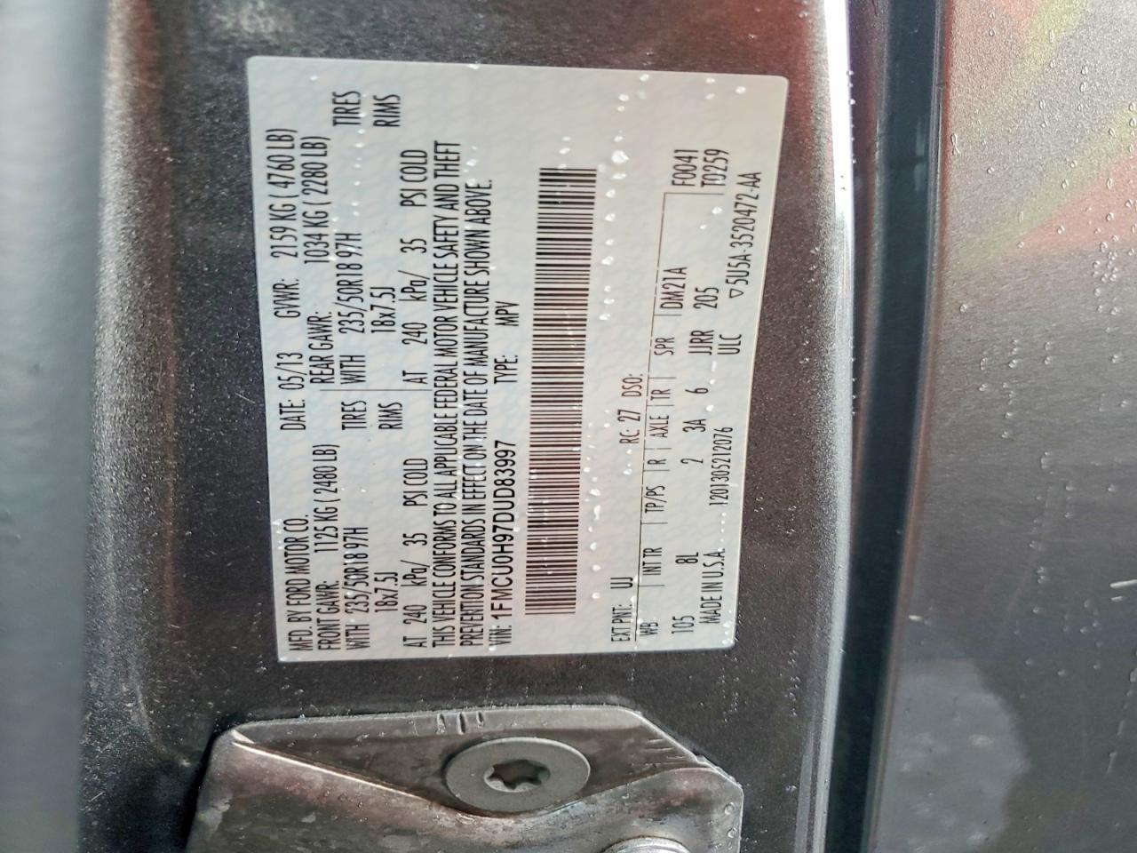 2013 Ford Escape Sel Gray vin: 1FMCU0H97DUD83997