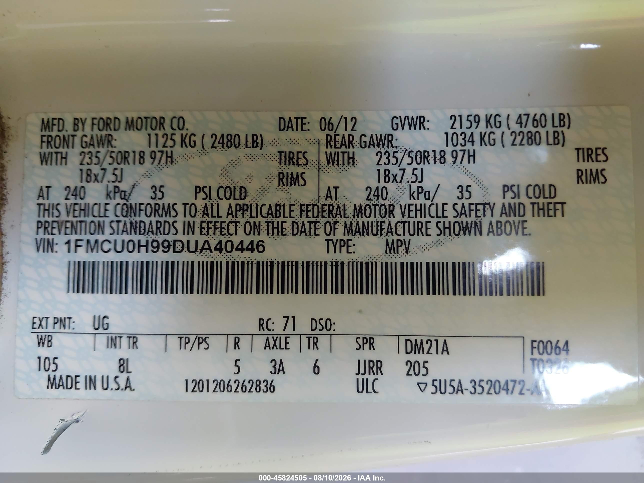 2013 Ford Escape Sel White vin: 1FMCU0H99DUA40446