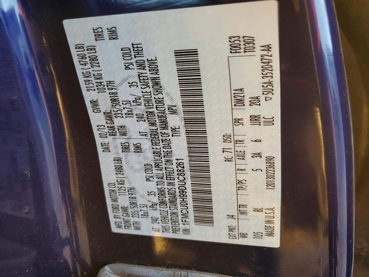 2013 Ford Escape Sel Blue vin: 1FMCU0H99DUC88261