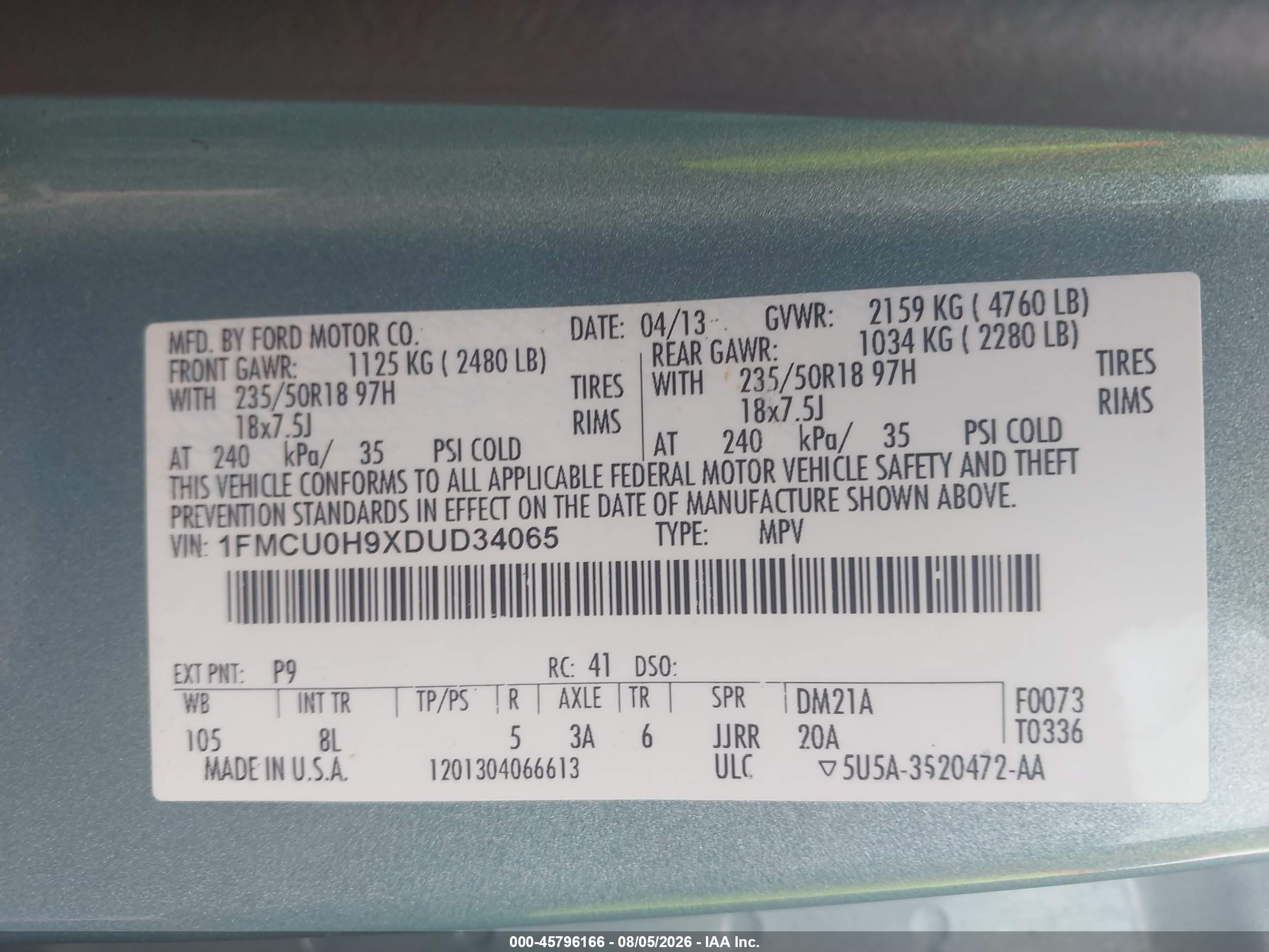 2013 Ford Escape Sel Teal vin: 1FMCU0H9XDUD34065