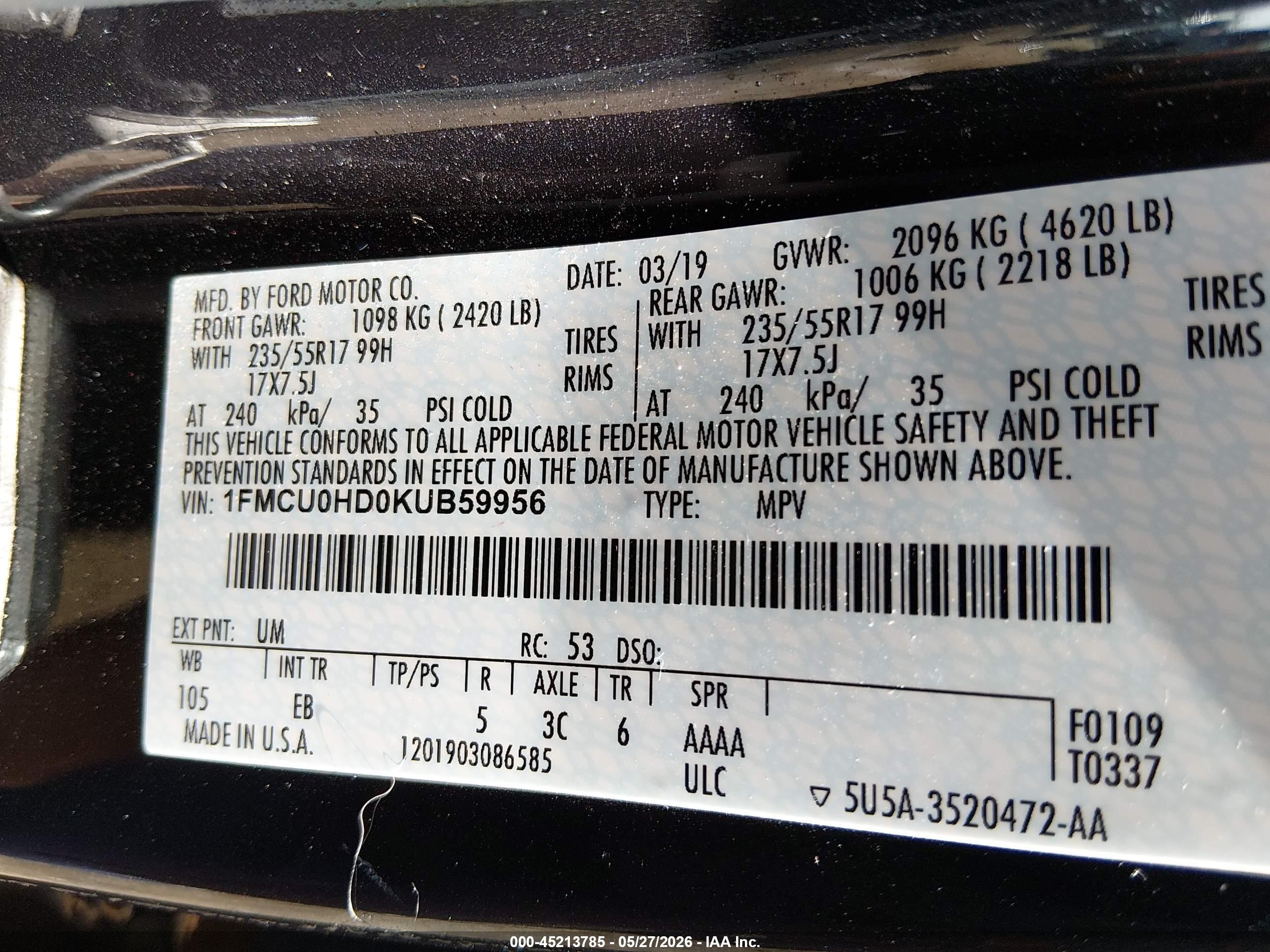 2019 Ford Escape Sel Black vin: 1FMCU0HD0KUB59956