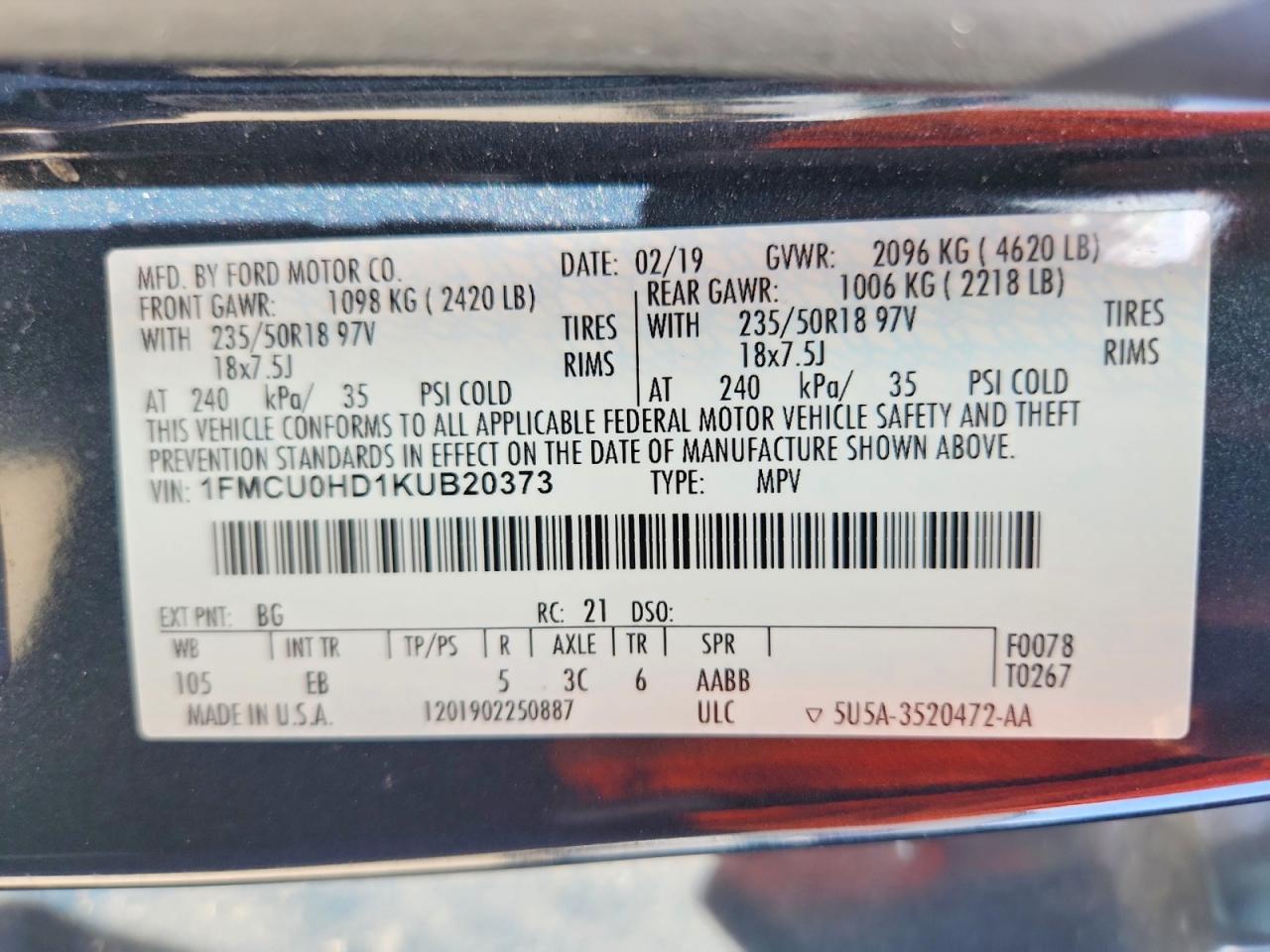 2019 Ford Escape Sel Blue vin: 1FMCU0HD1KUB20373