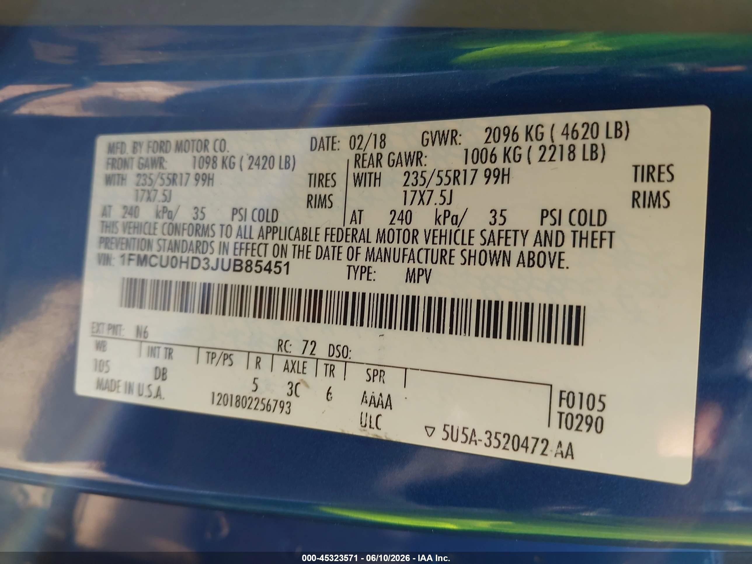 2018 Ford Escape Sel Blue vin: 1FMCU0HD3JUB85451