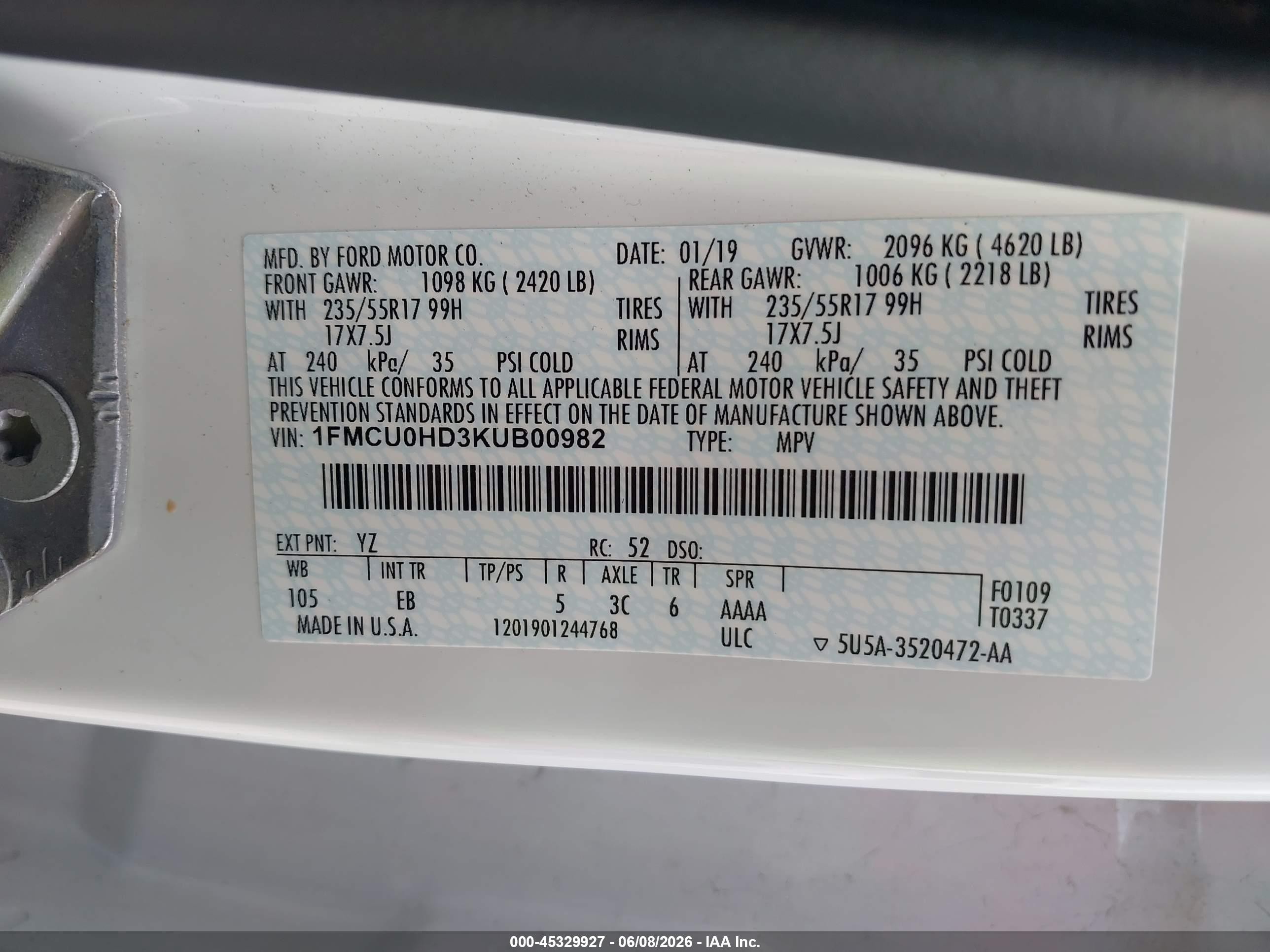 2019 Ford Escape Sel White vin: 1FMCU0HD3KUB00982
