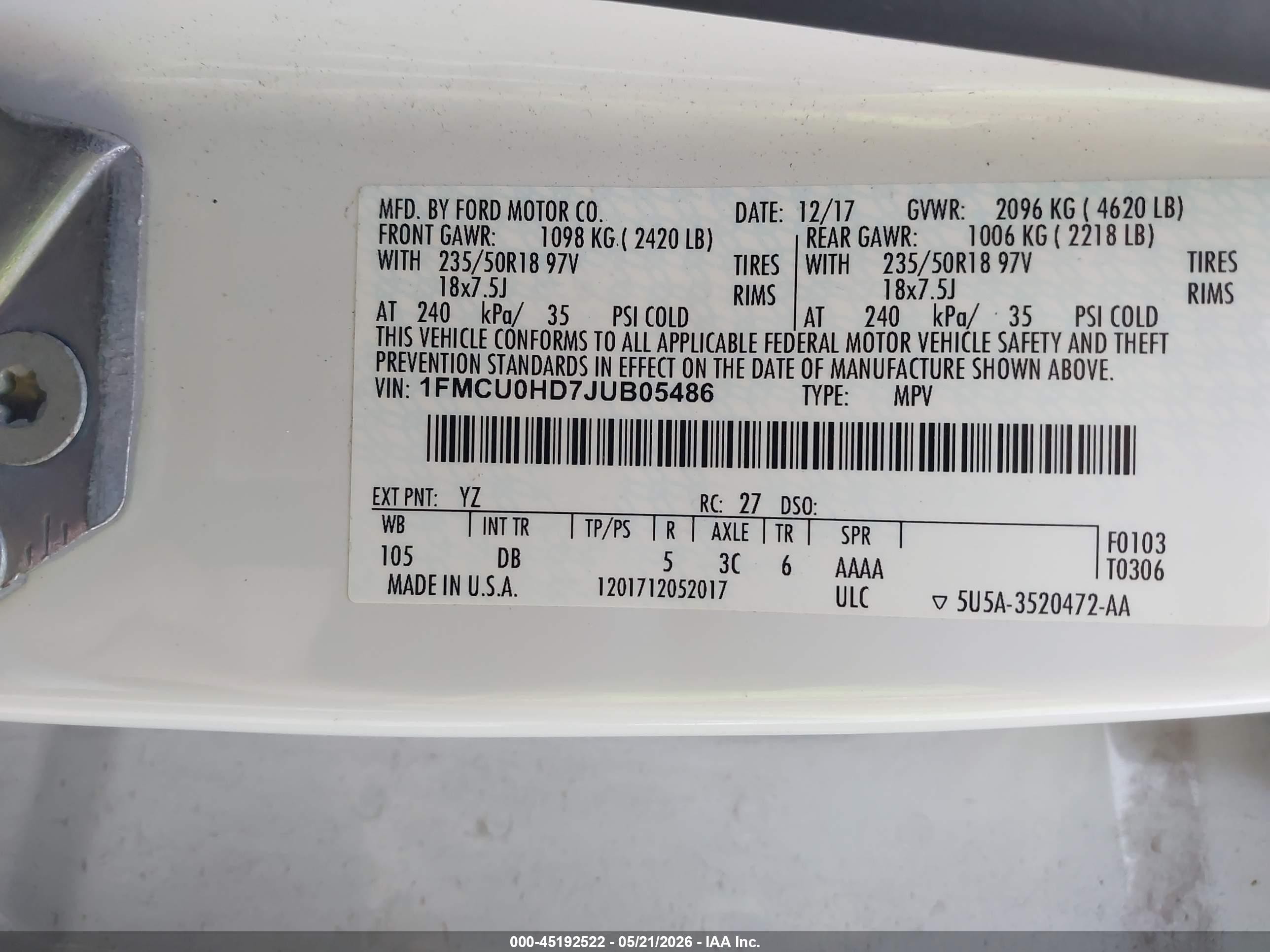 2018 Ford Escape Sel White vin: 1FMCU0HD7JUB05486