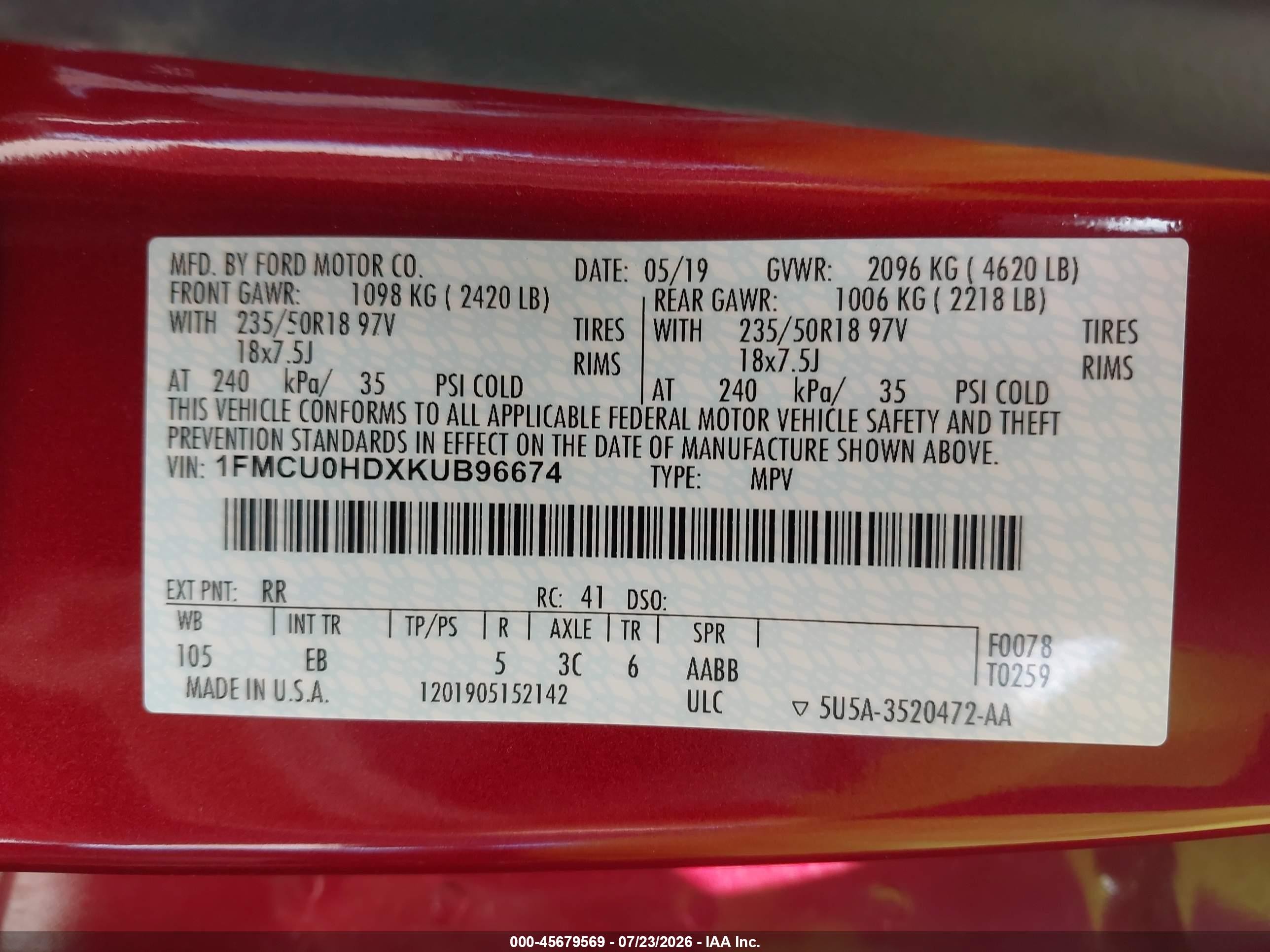 2019 Ford Escape Sel Red vin: 1FMCU0HDXKUB96674