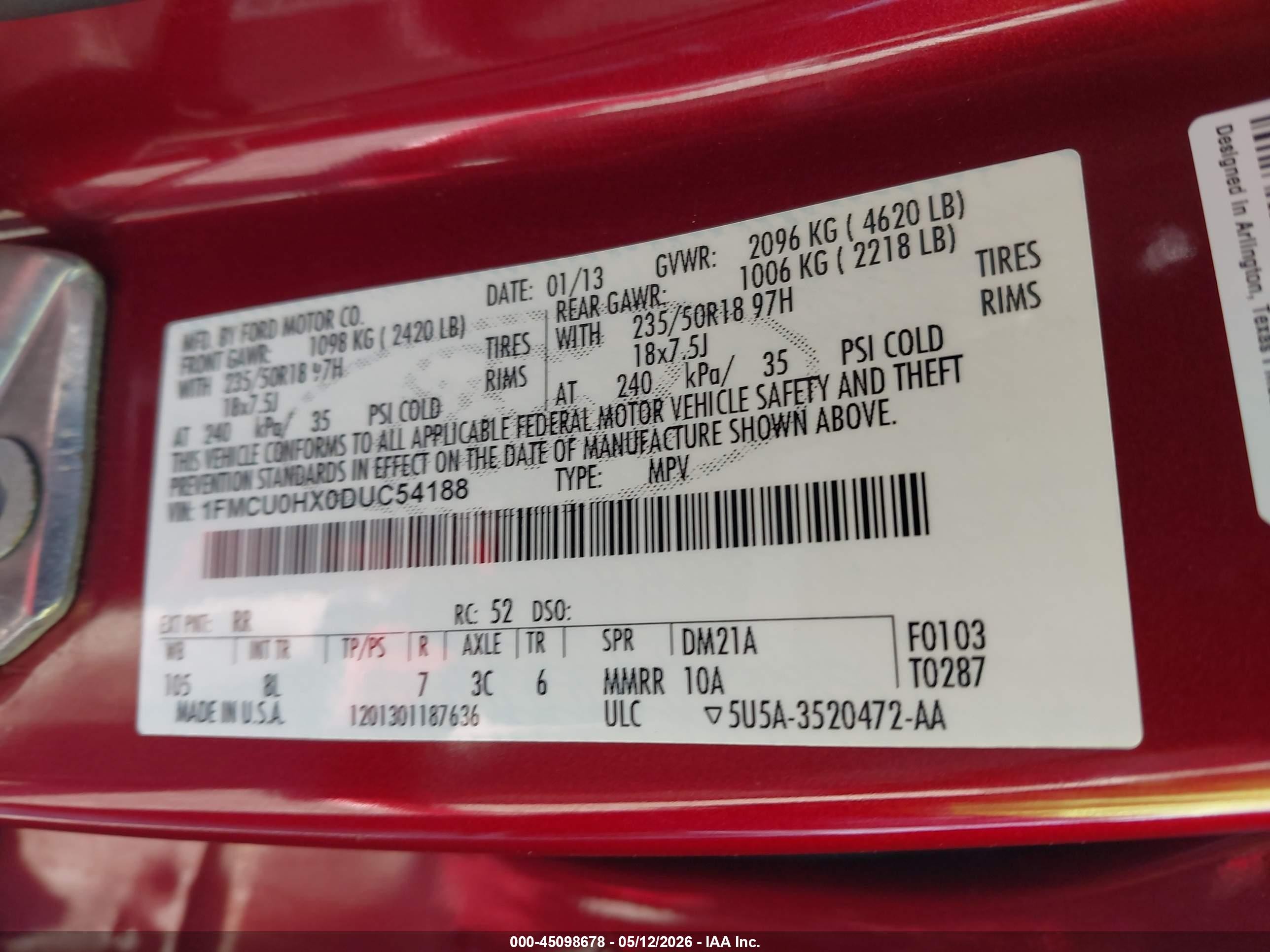 2013 Ford Escape Sel Red vin: 1FMCU0HX0DUC54188