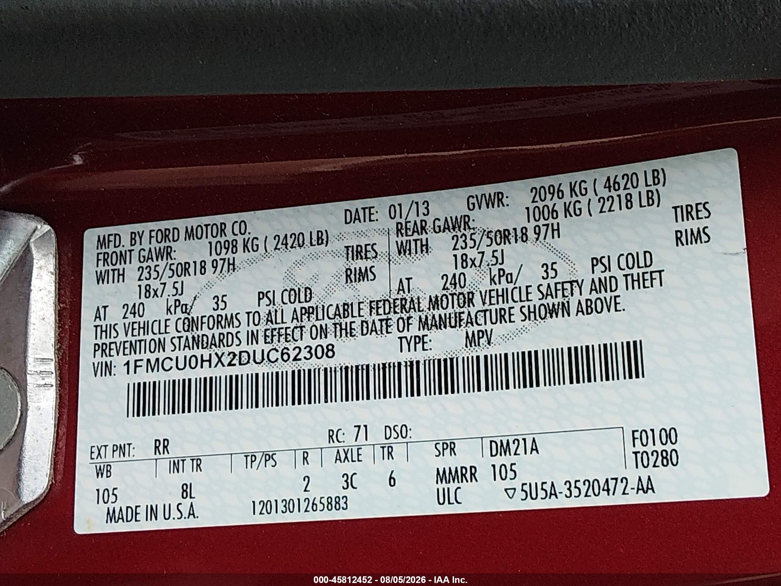2013 Ford Escape Sel Burgundy vin: 1FMCU0HX2DUC62308