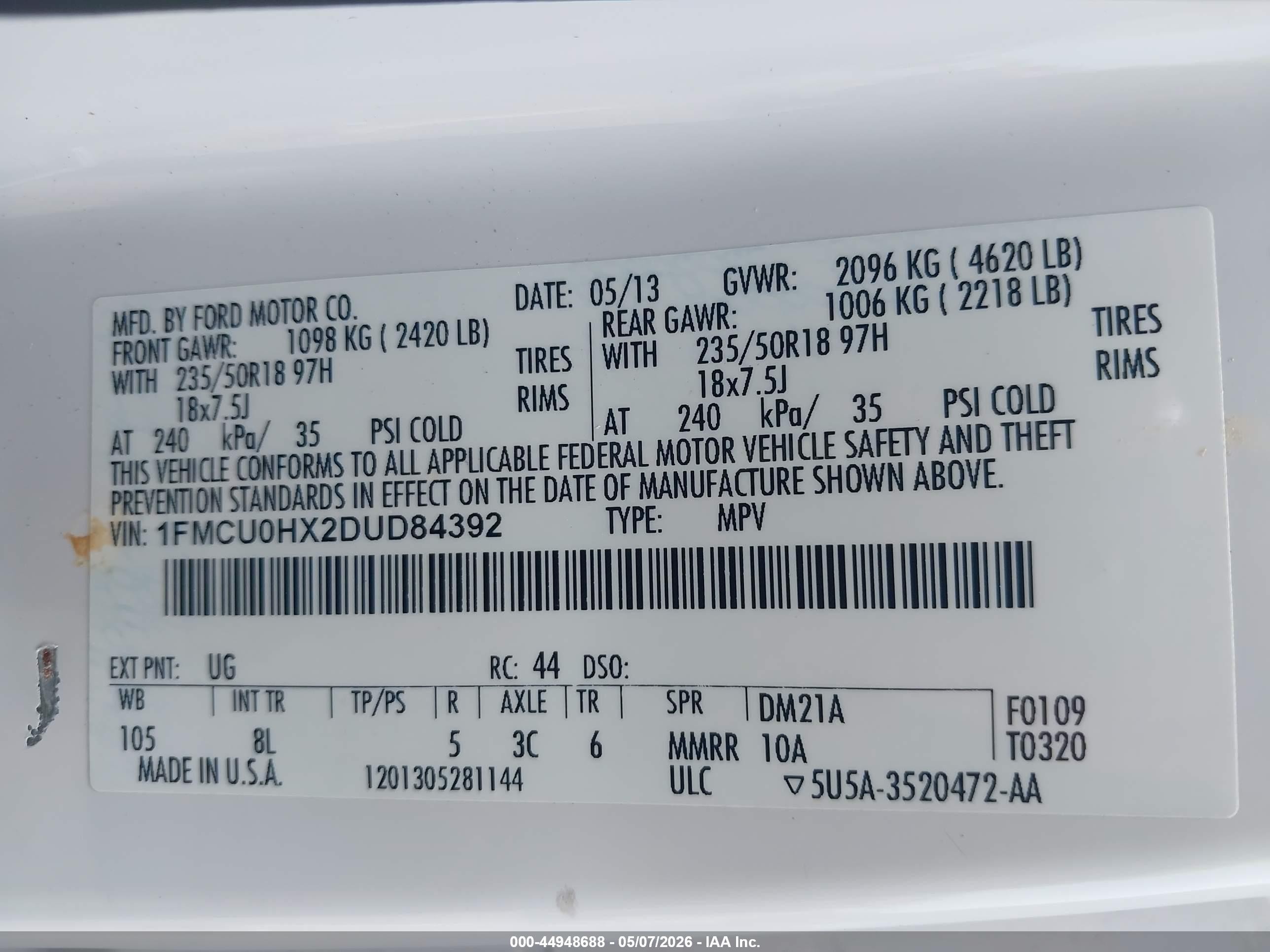 2013 Ford Escape Sel White vin: 1FMCU0HX2DUD84392