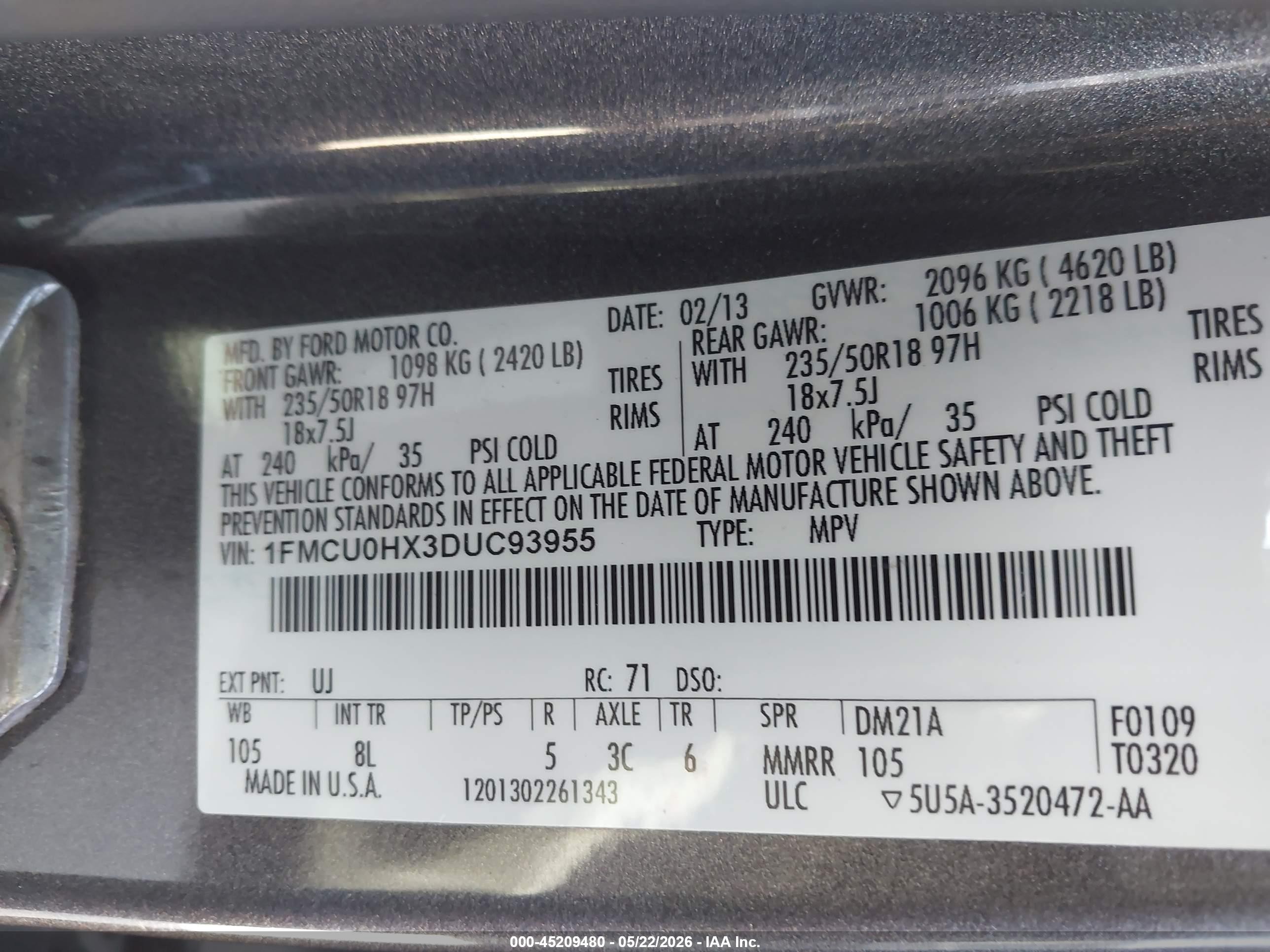 2013 Ford Escape Sel Gray vin: 1FMCU0HX3DUC93955