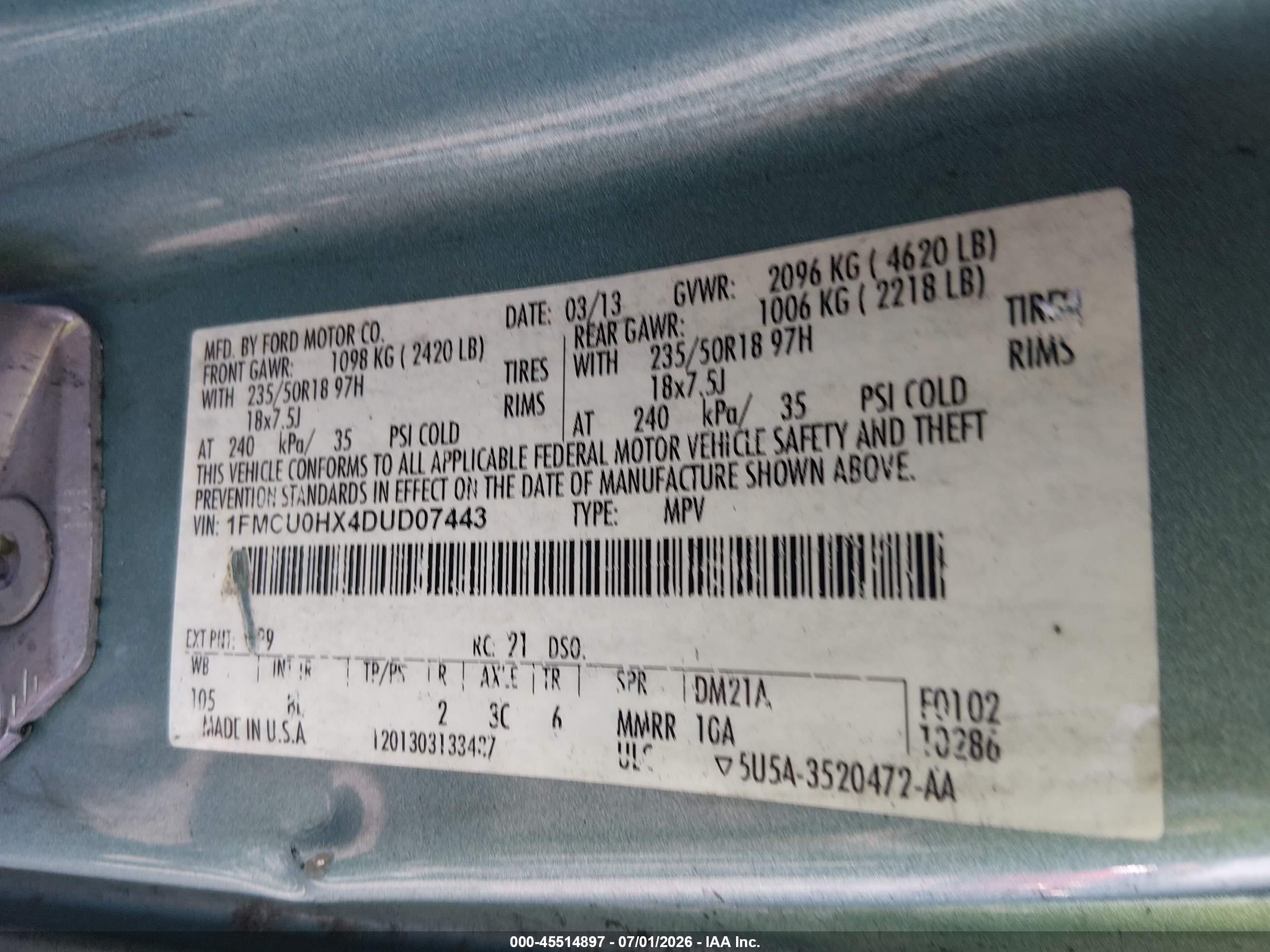 2013 Ford Escape Sel Green vin: 1FMCU0HX4DUD07443