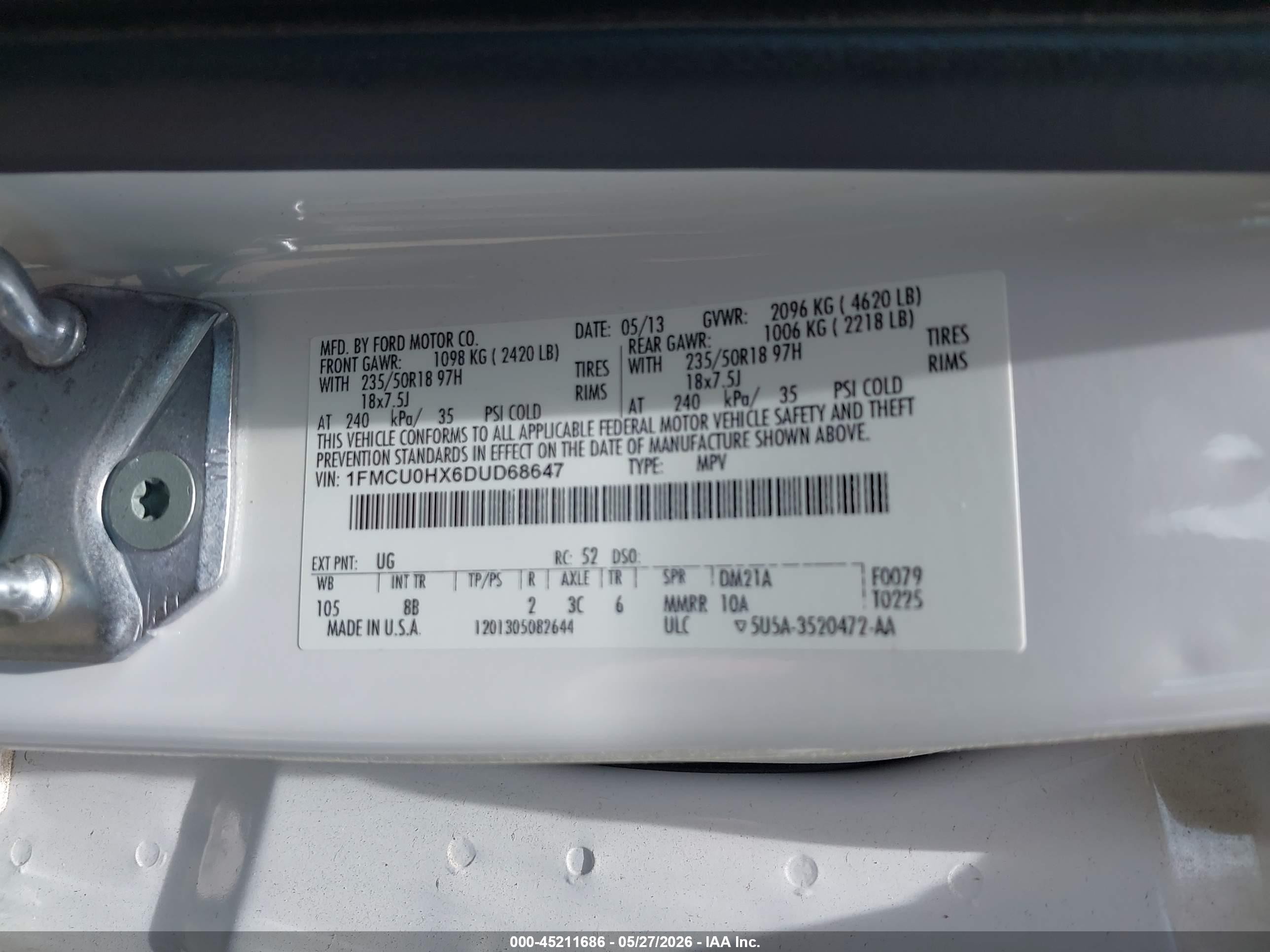 2013 Ford Escape Sel White vin: 1FMCU0HX6DUD68647