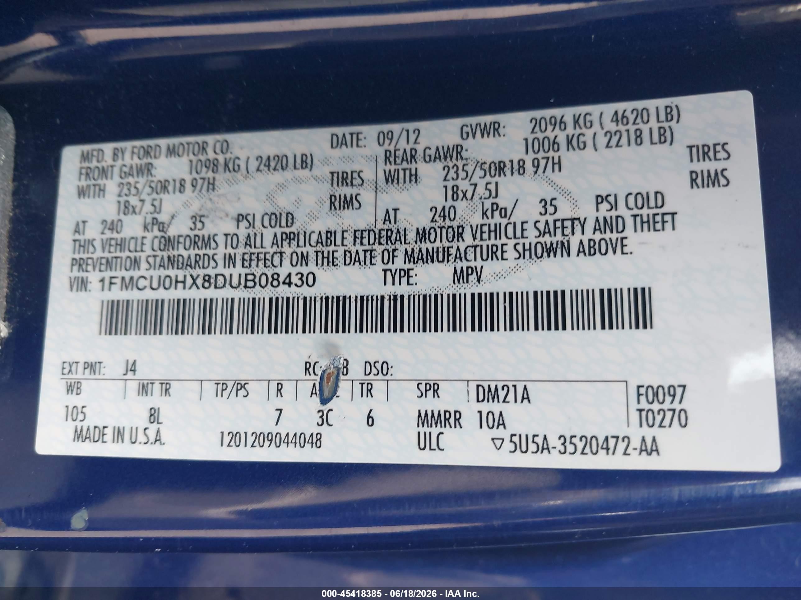 2013 Ford Escape Sel Blue vin: 1FMCU0HX8DUB08430